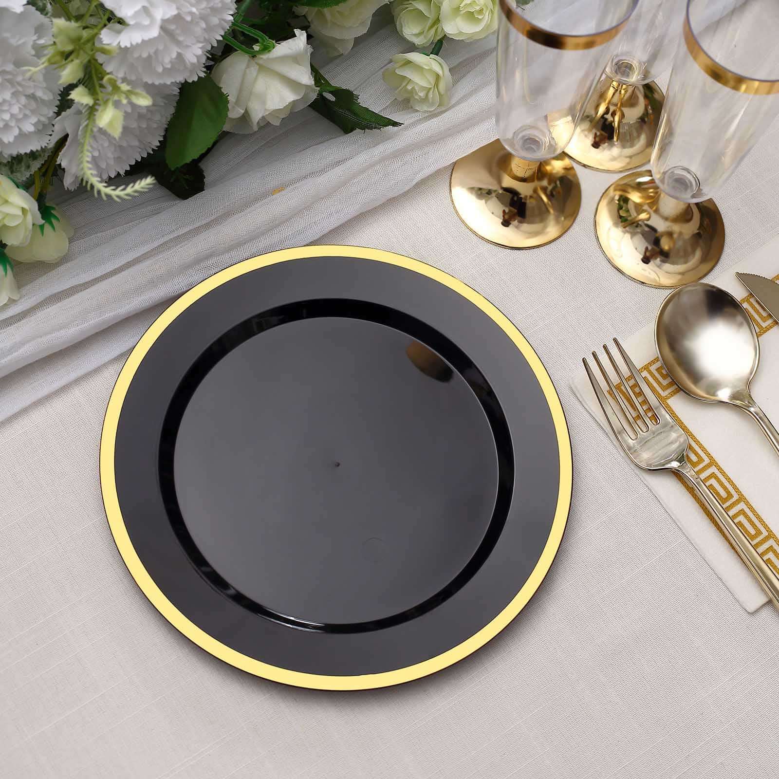 10-Pack Plastic Round Appetizer Plates 7" Black with Gold Rim - Classy Disposable Salad Plates - Image 11