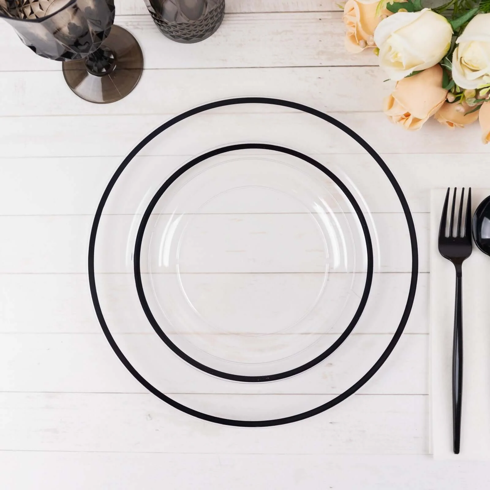 10-Pack Plastic Round Appetizer Plates 7" Clear with Black Rim - Classy Disposable Salad Plates - Image 3