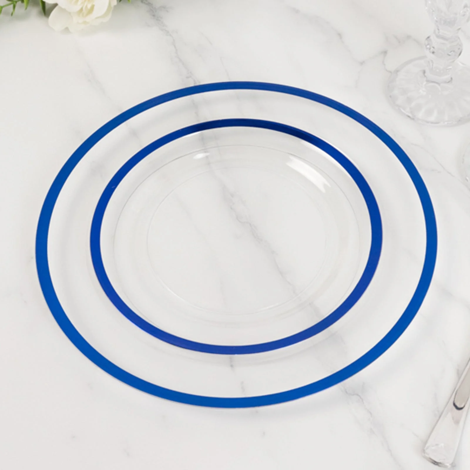 10-Pack Plastic Round Appetizer Plates 7" Clear with Blue Rim - Classy Disposable Salad Plates - Image 3