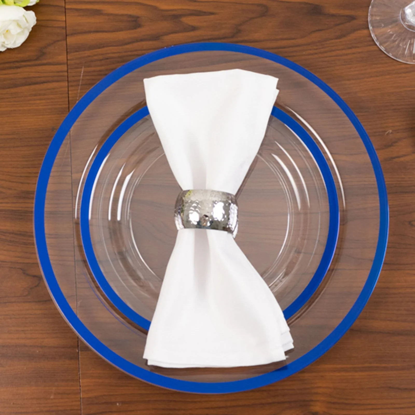 10-Pack Plastic Round Appetizer Plates 7" Clear with Blue Rim - Classy Disposable Salad Plates - Image 4