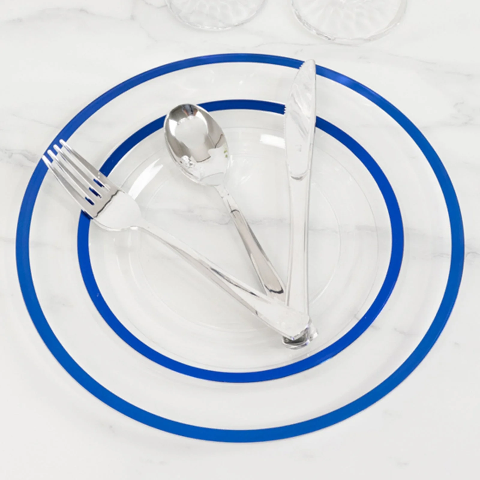 10-Pack Plastic Round Appetizer Plates 7" Clear with Blue Rim - Classy Disposable Salad Plates - Image 5