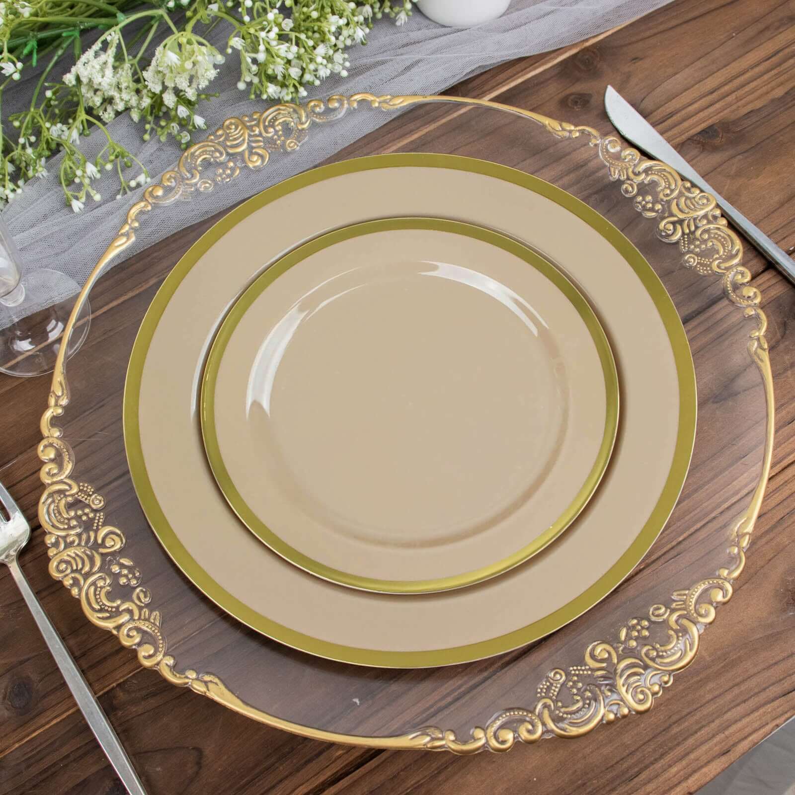 10-Pack Plastic Round Appetizer Plates 7" Taupe with Gold Rim - Classy Disposable Salad Plates - Image 11