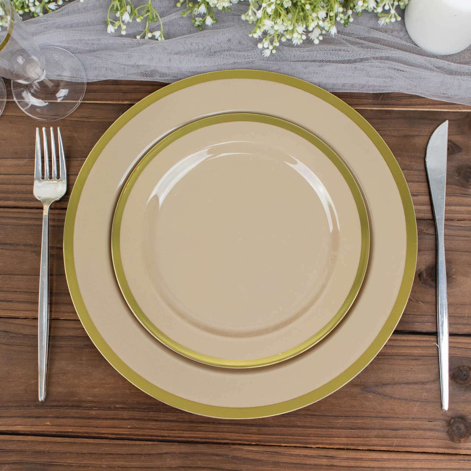 10-Pack Plastic Round Appetizer Plates 7" Taupe with Gold Rim - Classy Disposable Salad Plates - Image 4