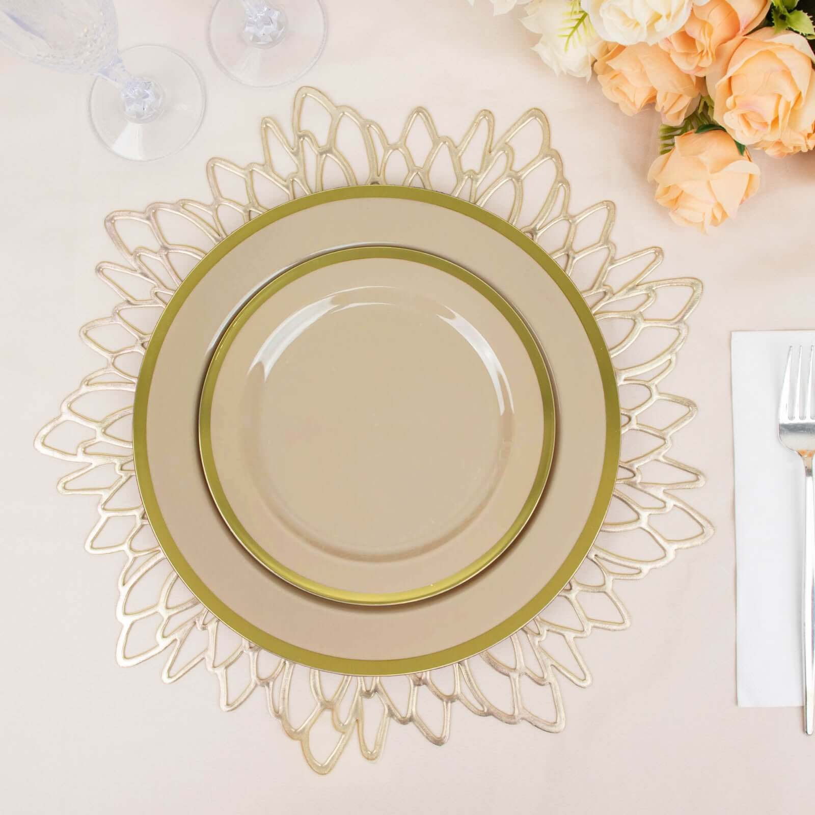 10-Pack Plastic Round Appetizer Plates 7" Taupe with Gold Rim - Classy Disposable Salad Plates - Image 7