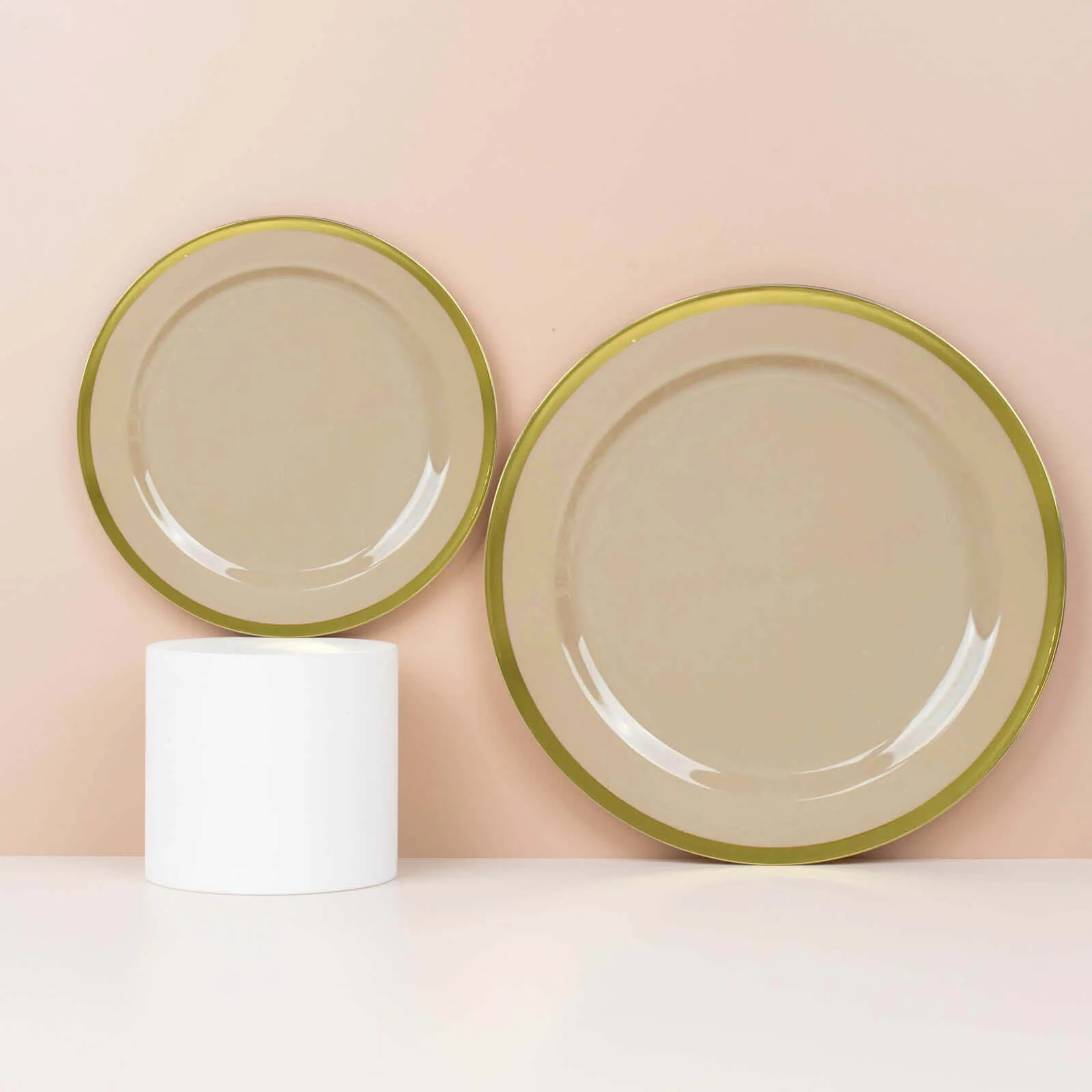 10-Pack Plastic Round Appetizer Plates 7" Taupe with Gold Rim - Classy Disposable Salad Plates - Image 9