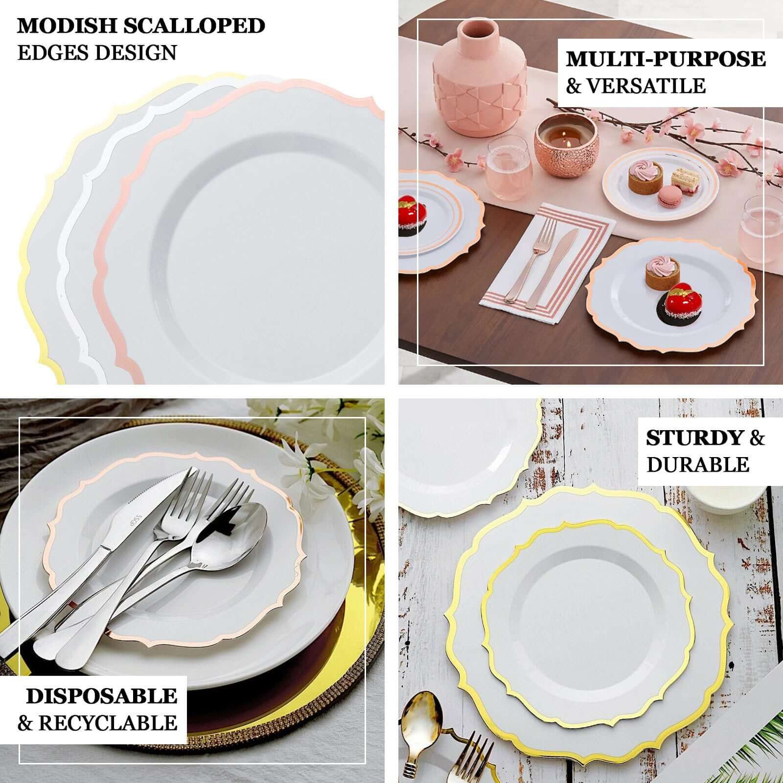 10-Pack Plastic Round Dessert Plates 8" Dusty Blue with Gold Scalloped Rim - Disposable Appetizer/Salad Plates - Image 4