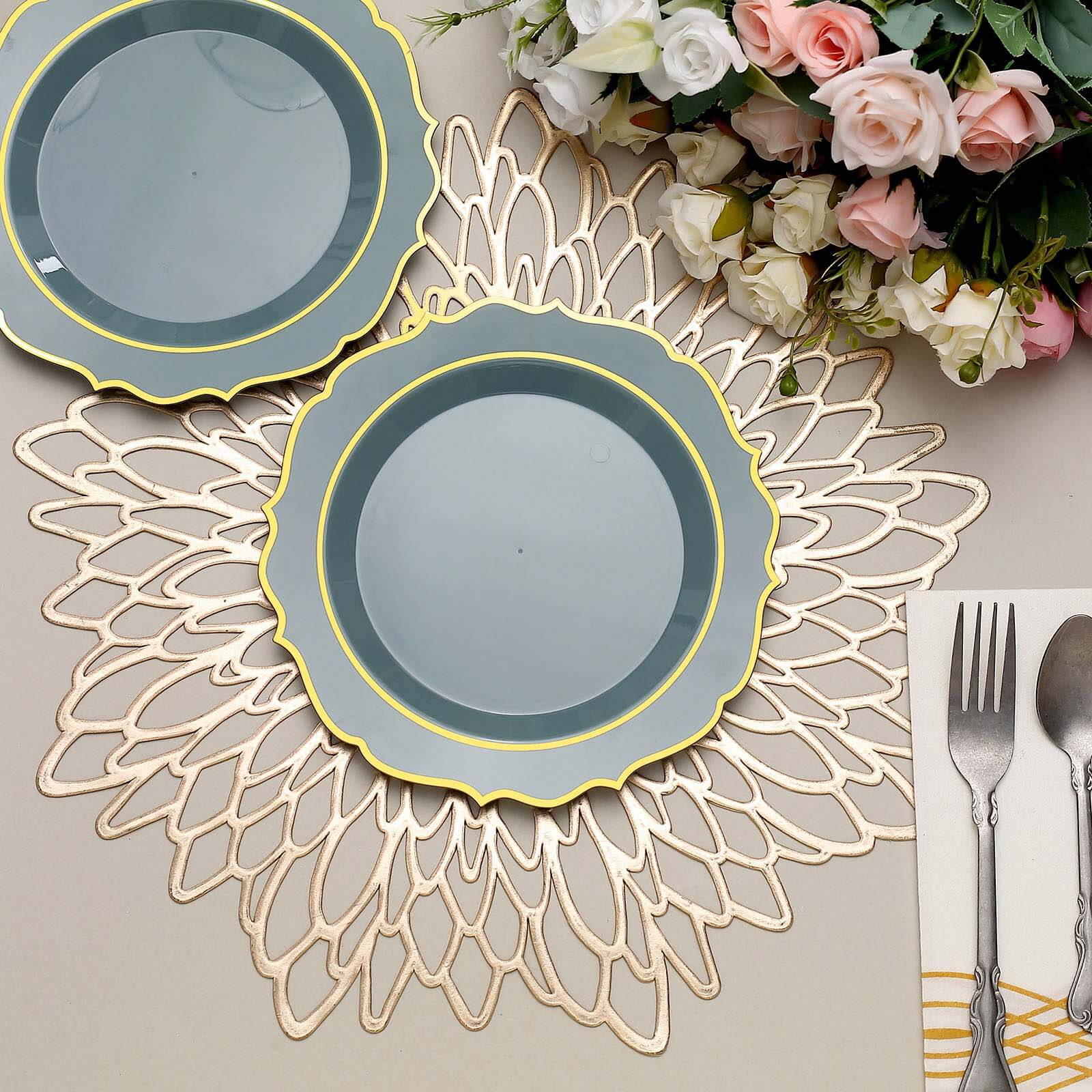 10-Pack Plastic Round Dessert Plates 8" Dusty Blue with Gold Scalloped Rim - Disposable Appetizer/Salad Plates - Image 9