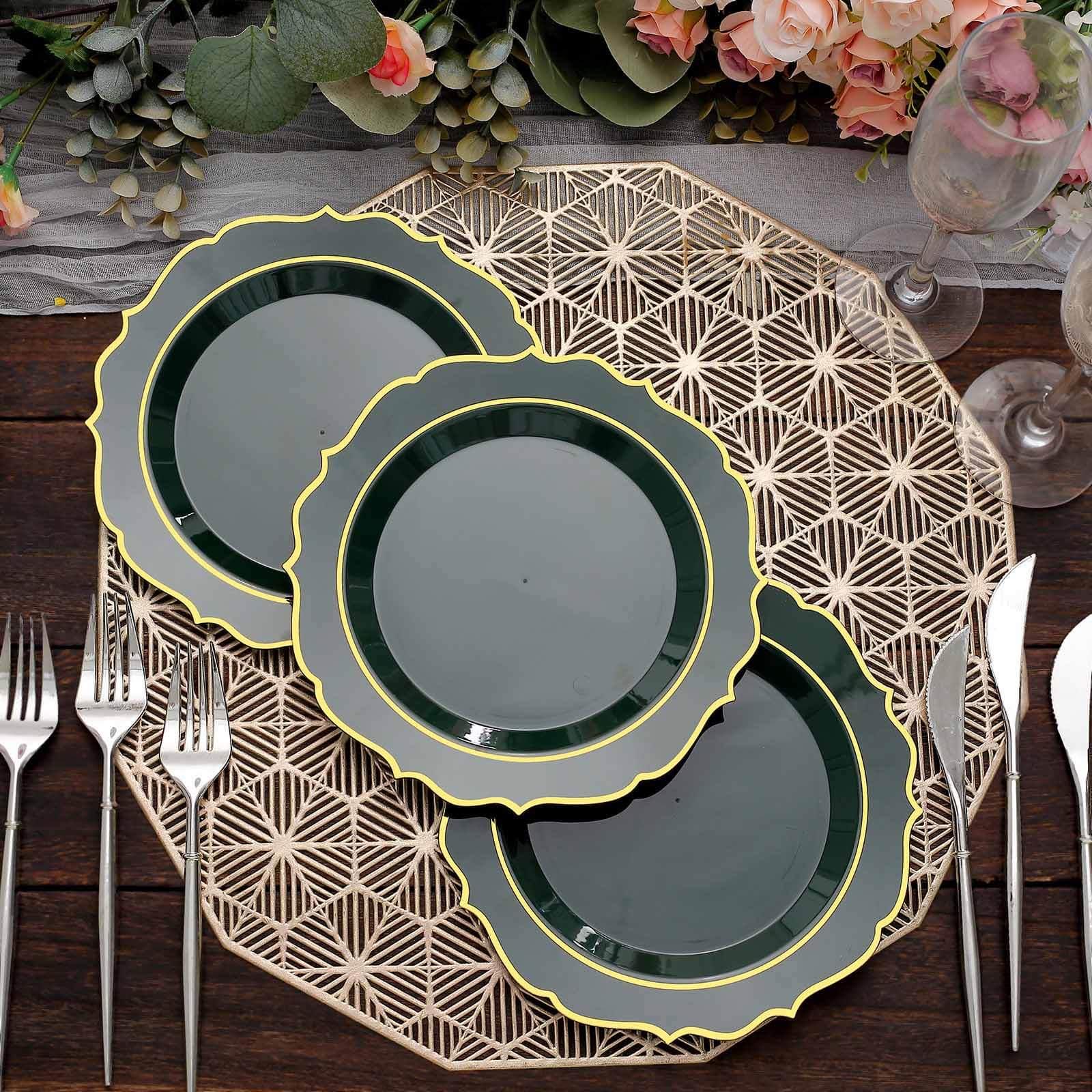 10-Pack Plastic Round Dessert Plates 8" Hunter Emerald Green with Gold Scalloped Rim - Disposable Appetizer/Salad Plates - Image 10