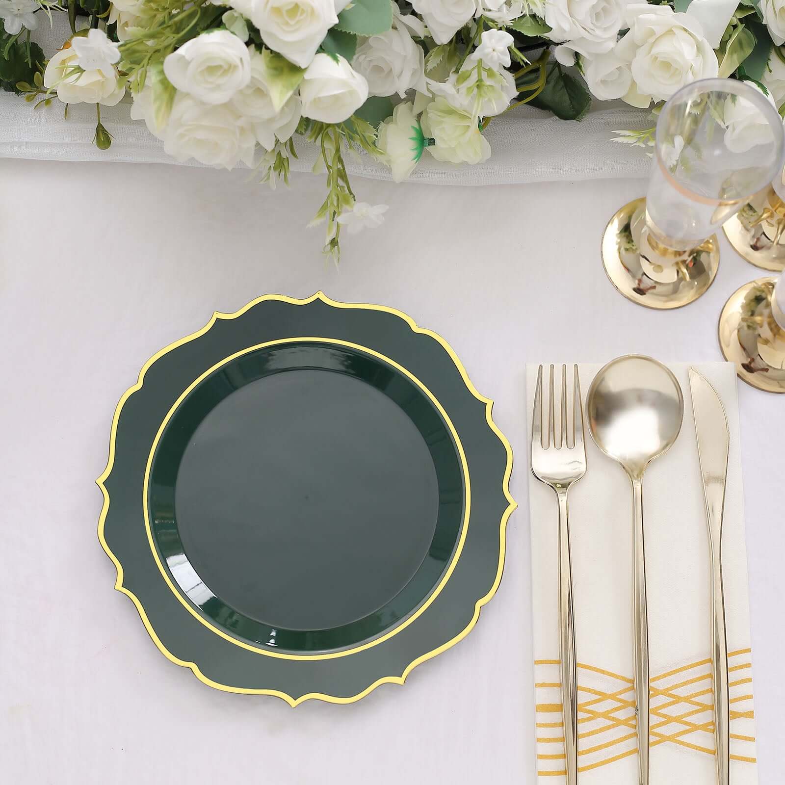 10-Pack Plastic Round Dessert Plates 8" Hunter Emerald Green with Gold Scalloped Rim - Disposable Appetizer/Salad Plates - Image 11