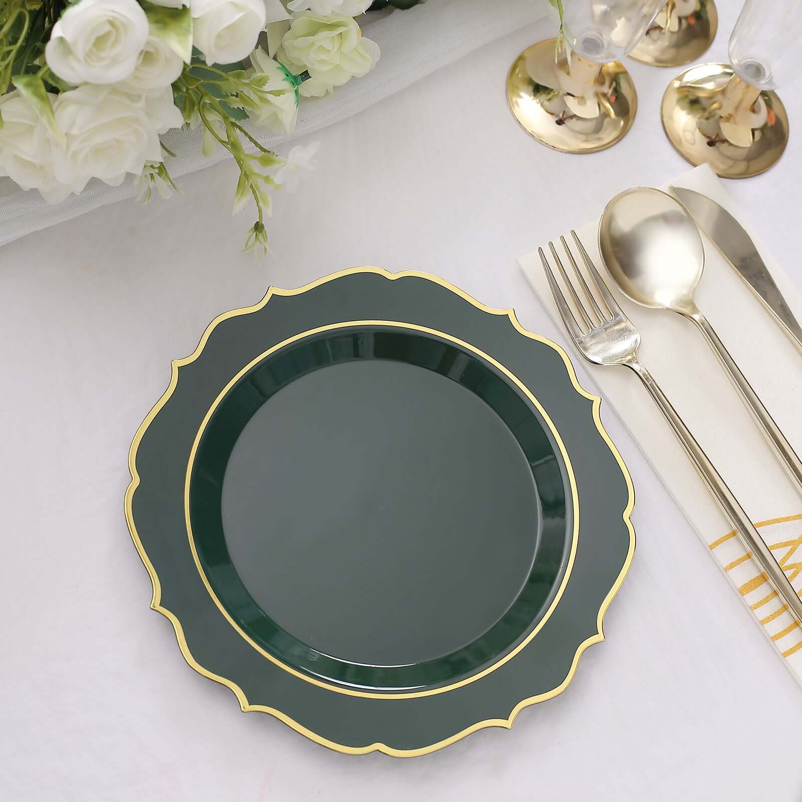 10-Pack Plastic Round Dessert Plates 8" Hunter Emerald Green with Gold Scalloped Rim - Disposable Appetizer/Salad Plates - Image 12