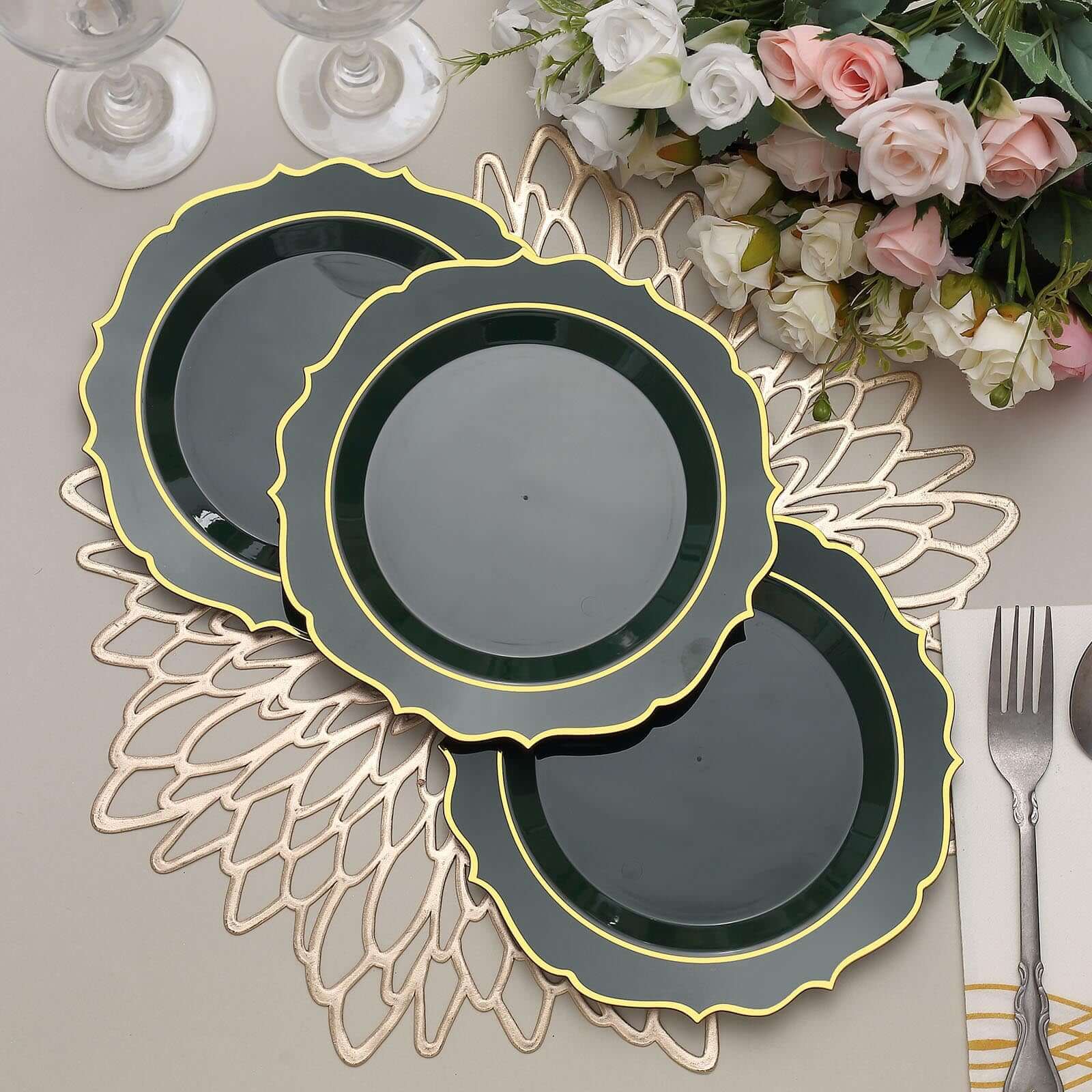 10-Pack Plastic Round Dessert Plates 8" Hunter Emerald Green with Gold Scalloped Rim - Disposable Appetizer/Salad Plates - Image 13