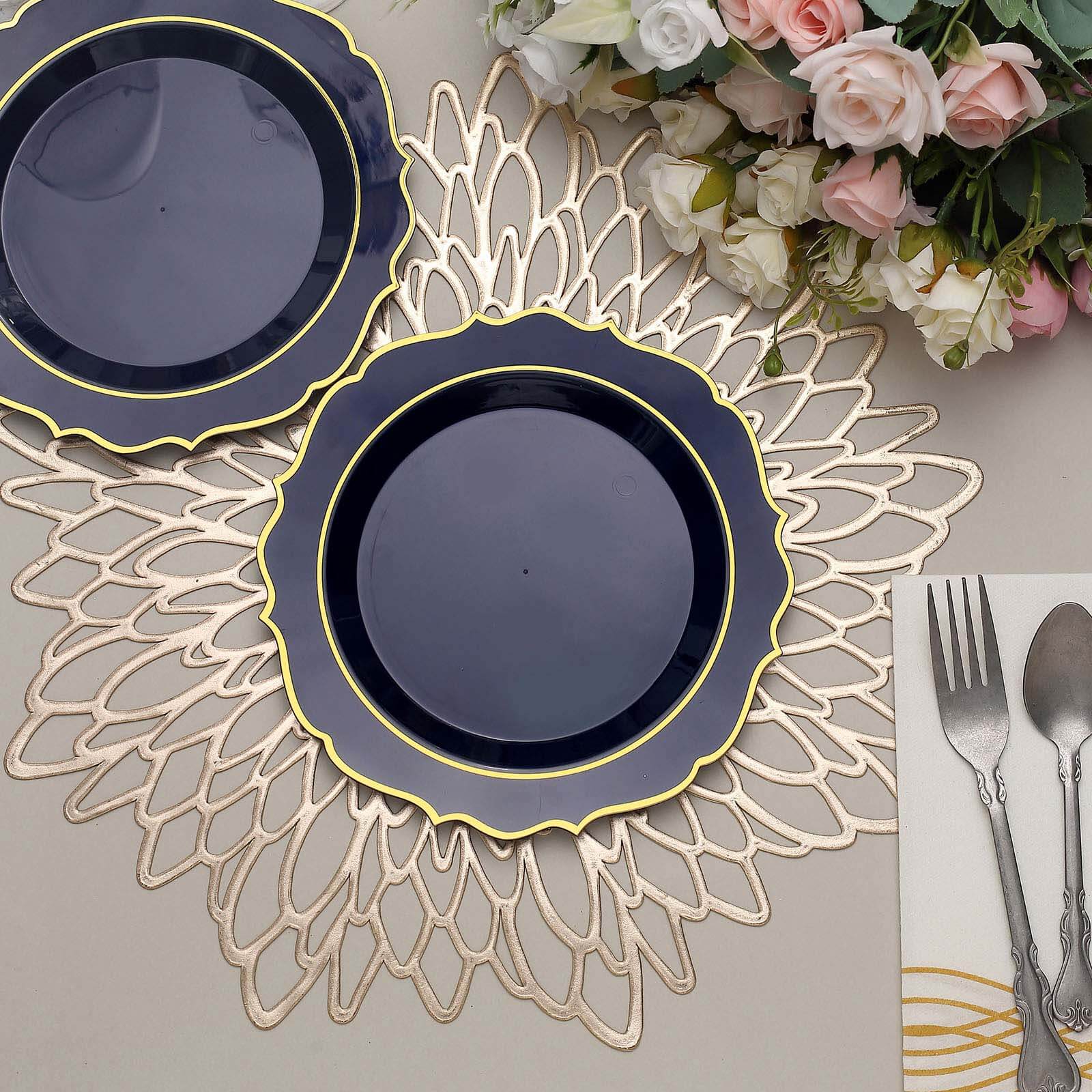 10-Pack Plastic Round Dessert Plates 8" Navy Blue with Gold Scalloped Rim - Disposable Appetizer/Salad Plates - Image 10