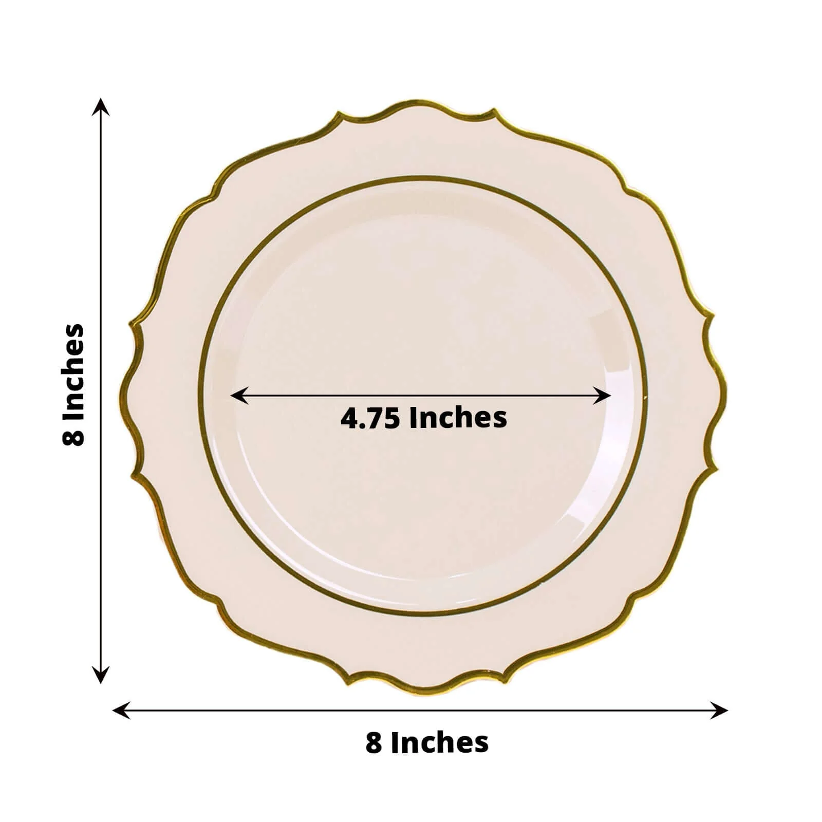 10-Pack Plastic Round Dessert Plates 8" Taupe with Gold Scalloped Rim - Disposable Appetizer/Salad Plates - Image 3