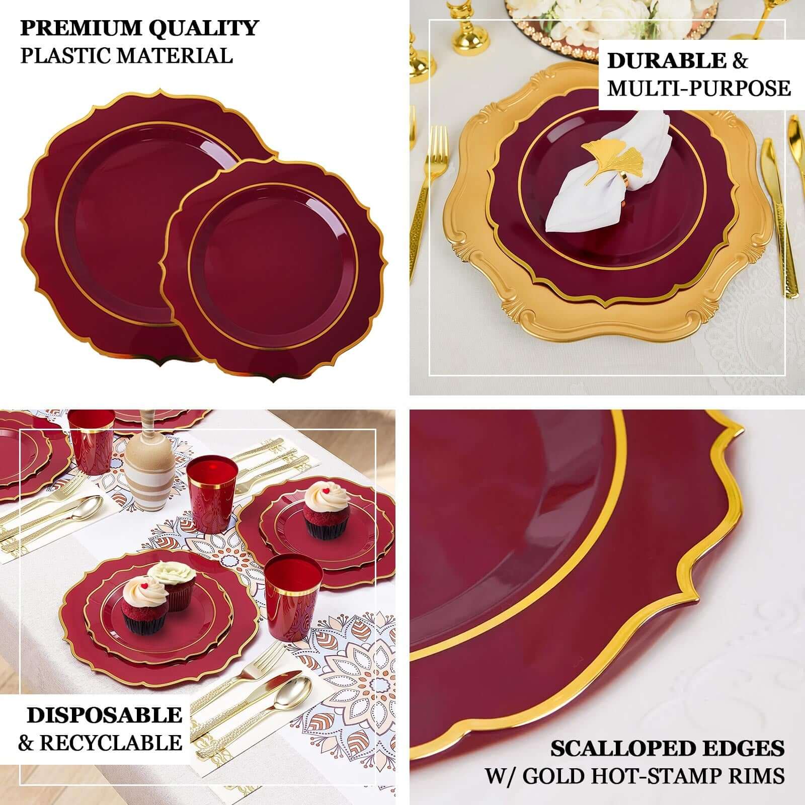 10-Pack Plastic Round Dessert Plates 8" Taupe with Gold Scalloped Rim - Disposable Appetizer/Salad Plates - Image 4