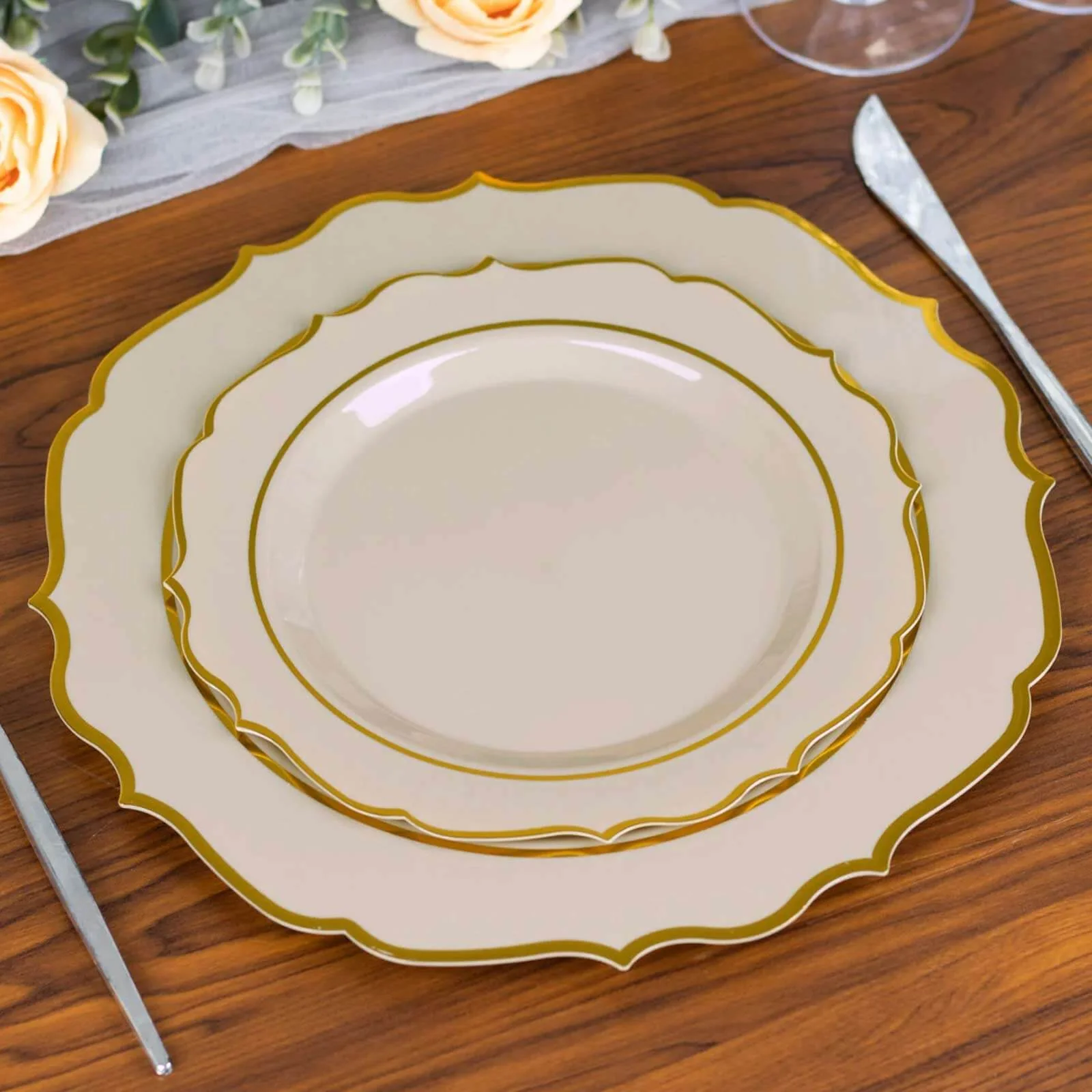 10-Pack Plastic Round Dessert Plates 8" Taupe with Gold Scalloped Rim - Disposable Appetizer/Salad Plates - Image 6