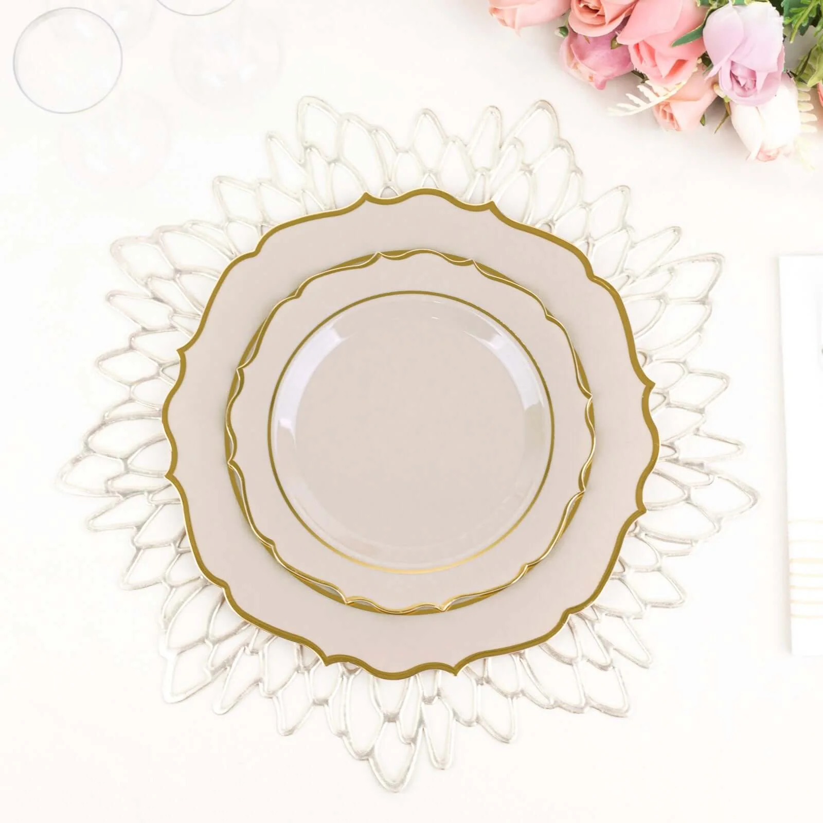 10-Pack Plastic Round Dessert Plates 8" Taupe with Gold Scalloped Rim - Disposable Appetizer/Salad Plates - Image 8