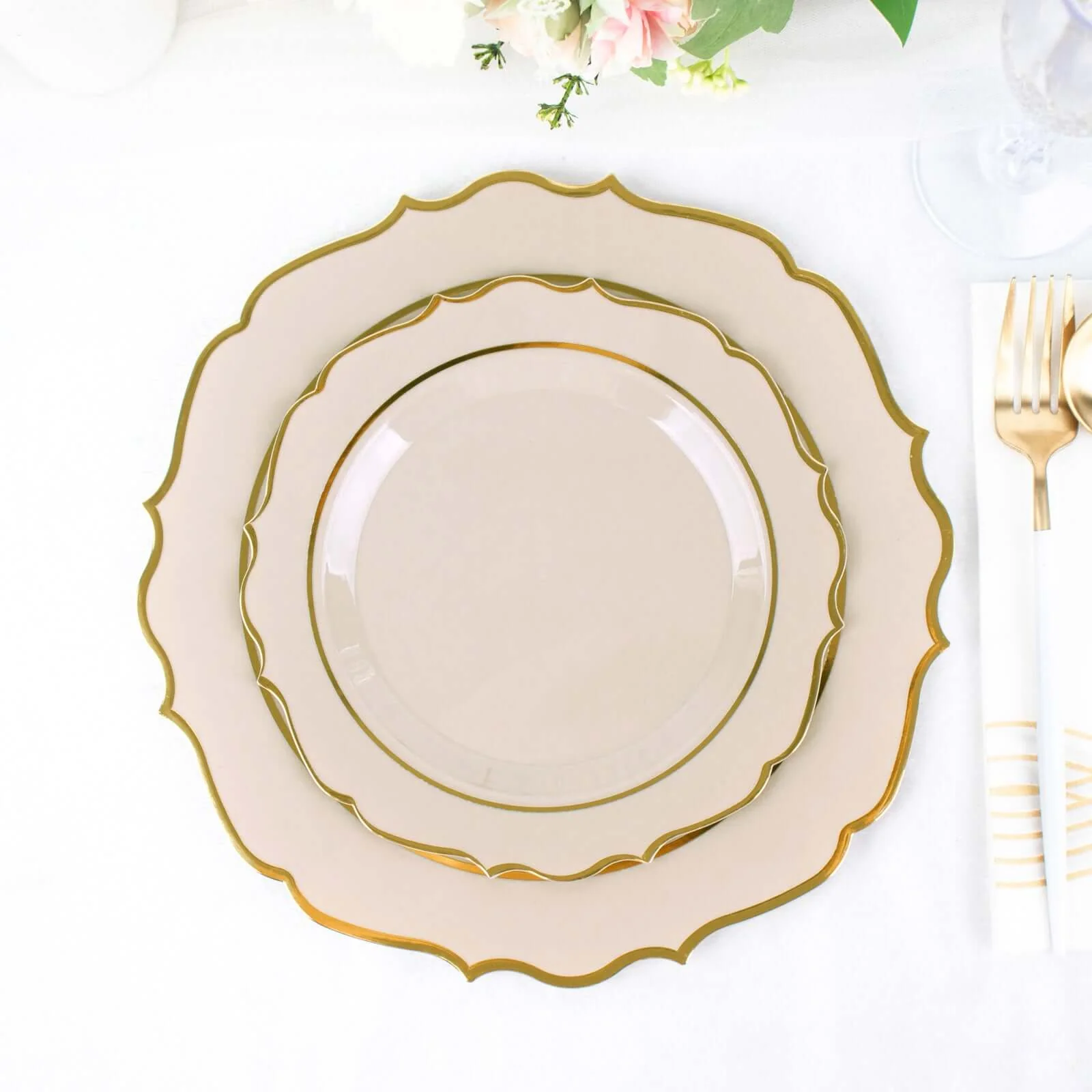10-Pack Plastic Round Dessert Plates 8" Taupe with Gold Scalloped Rim - Disposable Appetizer/Salad Plates - Image 9