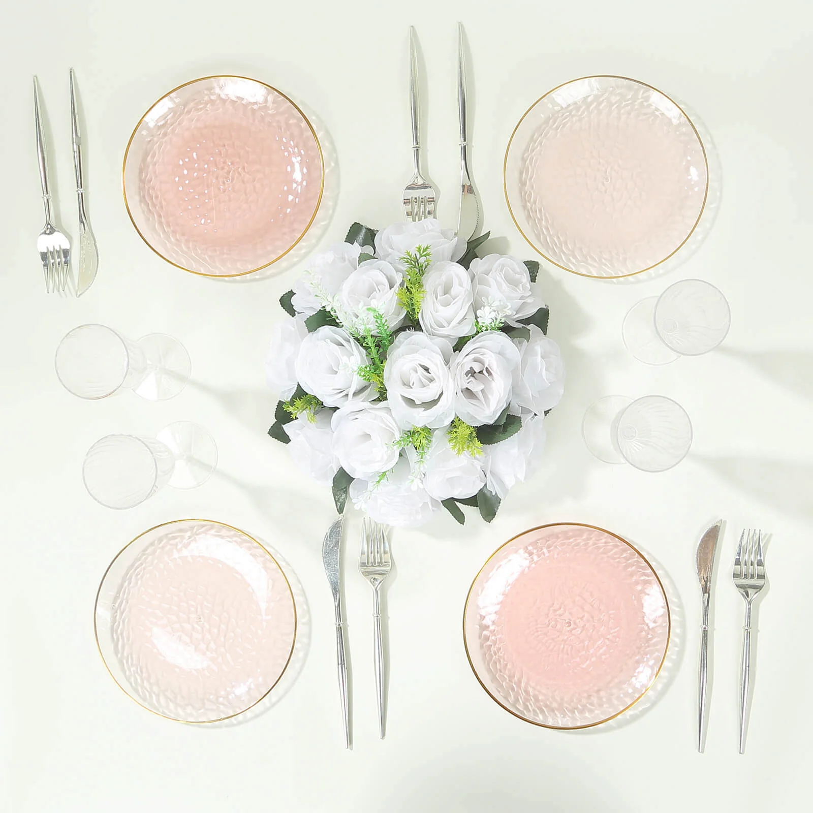 10-Pack Plastic Round Dessert Appetizer Plates 7" Transparent Blush Hammered Design with Gold Rim - Modern Disposable Salad Plates - Image 2
