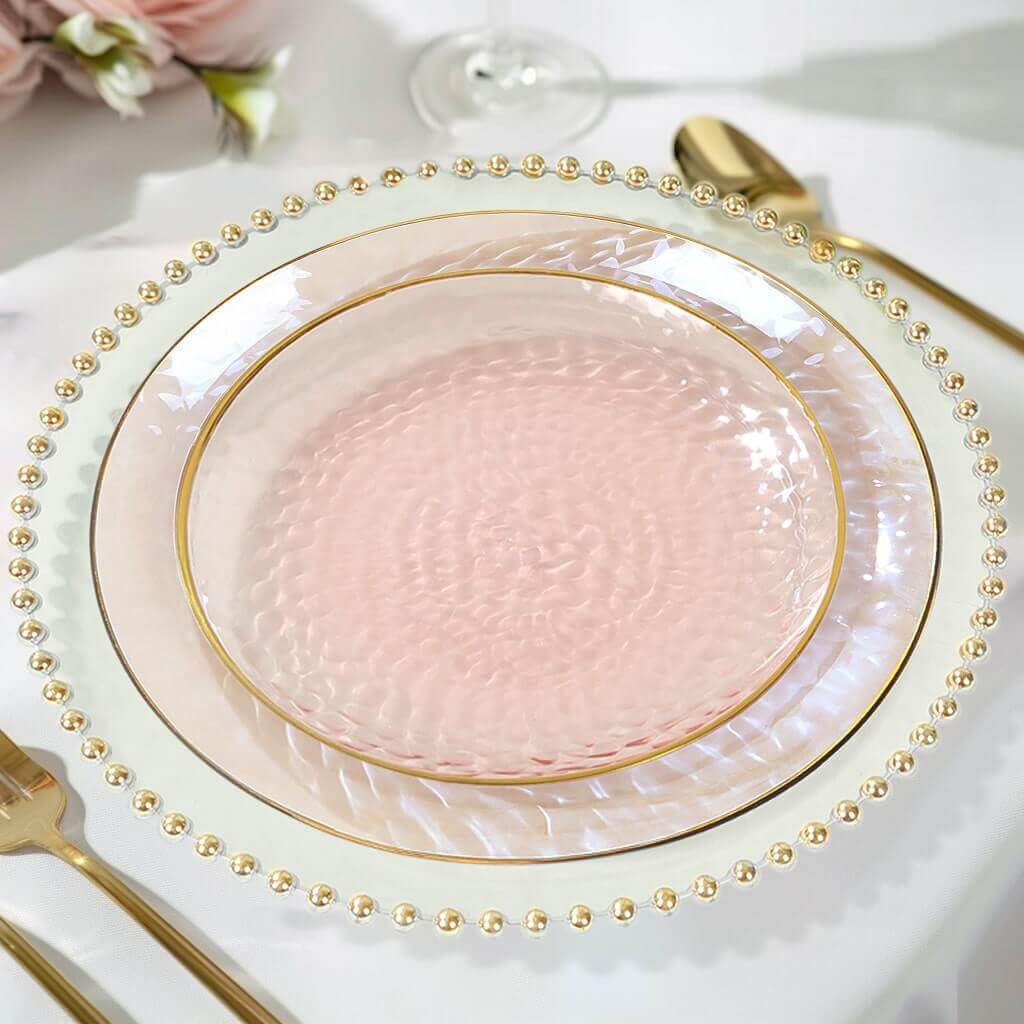 10-Pack Plastic Round Dessert Appetizer Plates 7" Transparent Blush Hammered Design with Gold Rim - Modern Disposable Salad Plates - Image 8