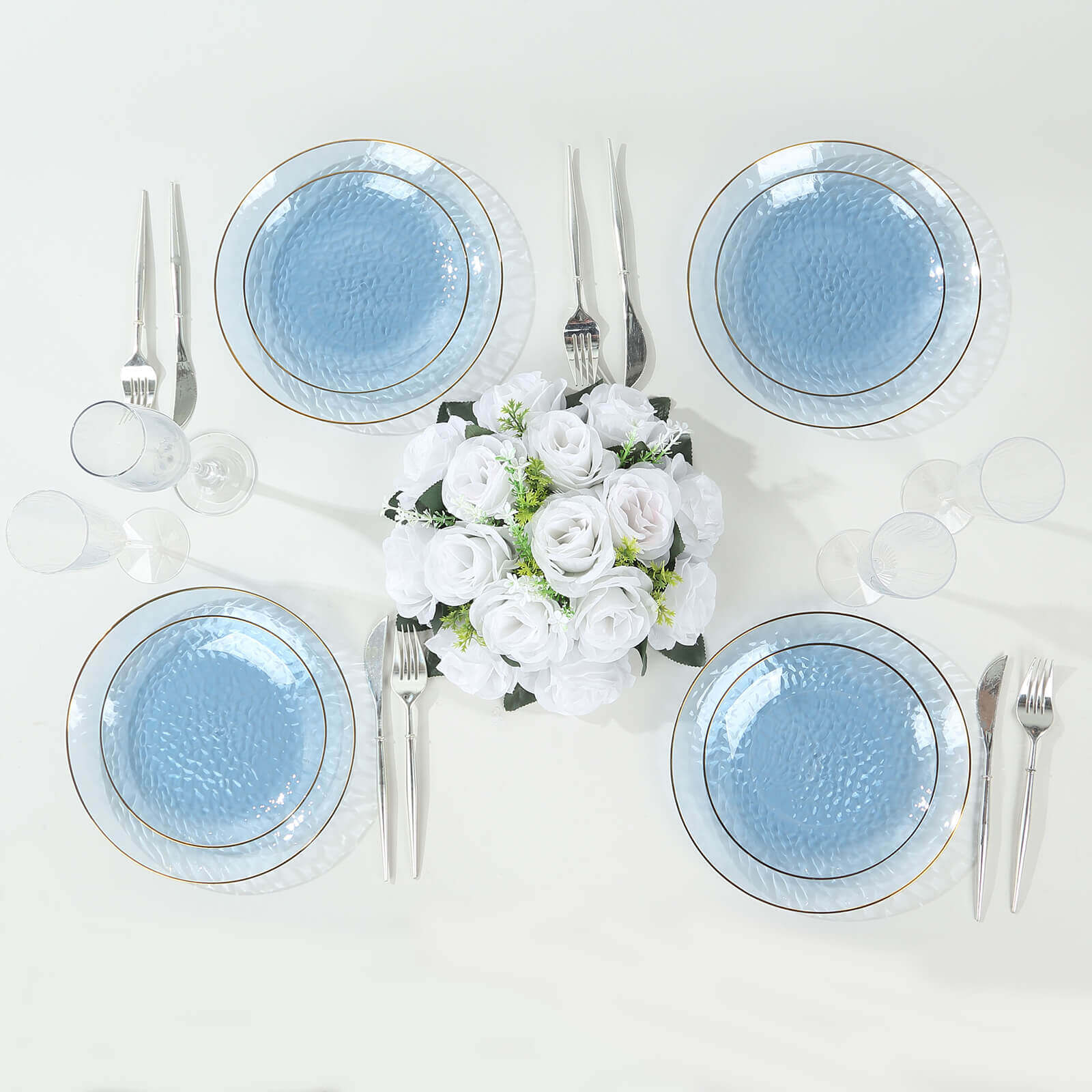 10-Pack Plastic Round Dessert Appetizer Plates 7" Transparent Dusty Blue Hammered Design with Gold Rim - Modern Disposable Salad Plates - Image 2