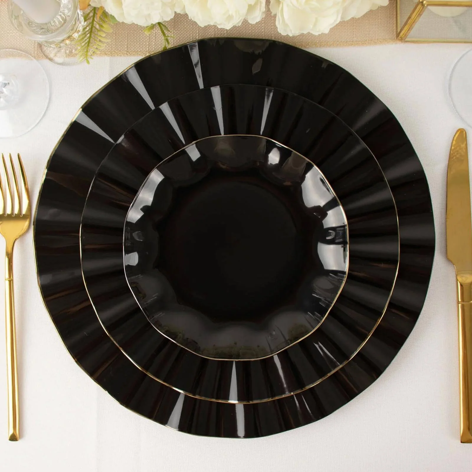 10-Pack Plastic Round Dessert Plates 6" Black Ruffled Rim with Gold Edging - Heavy Duty Disposable Salad Appetizer Dinnerware