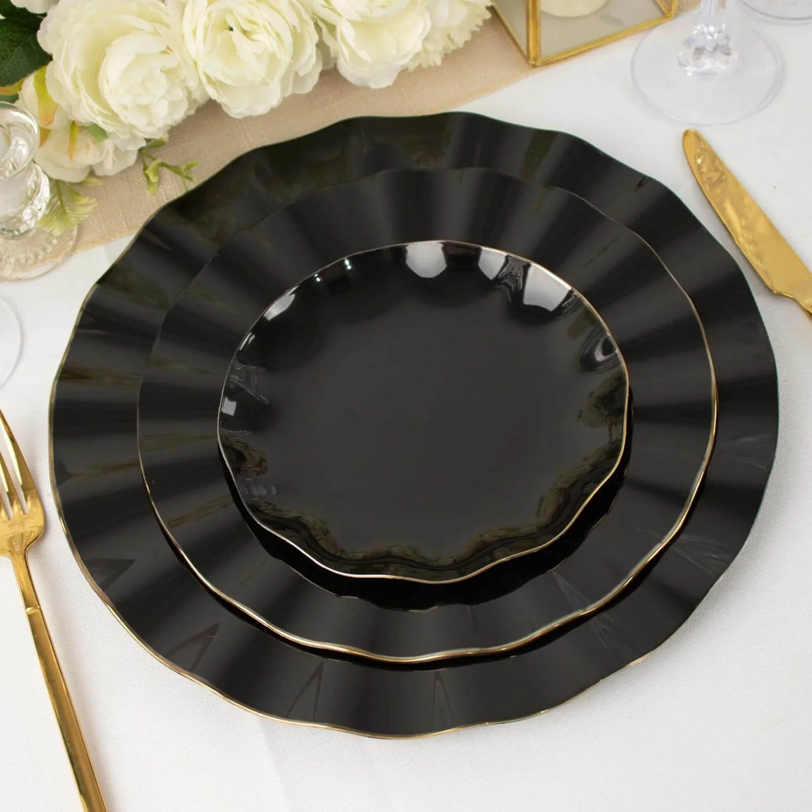 10-Pack Plastic Round Dessert Plates 6" Black Ruffled Rim with Gold Edging - Heavy Duty Disposable Salad Appetizer Dinnerware - Image 6