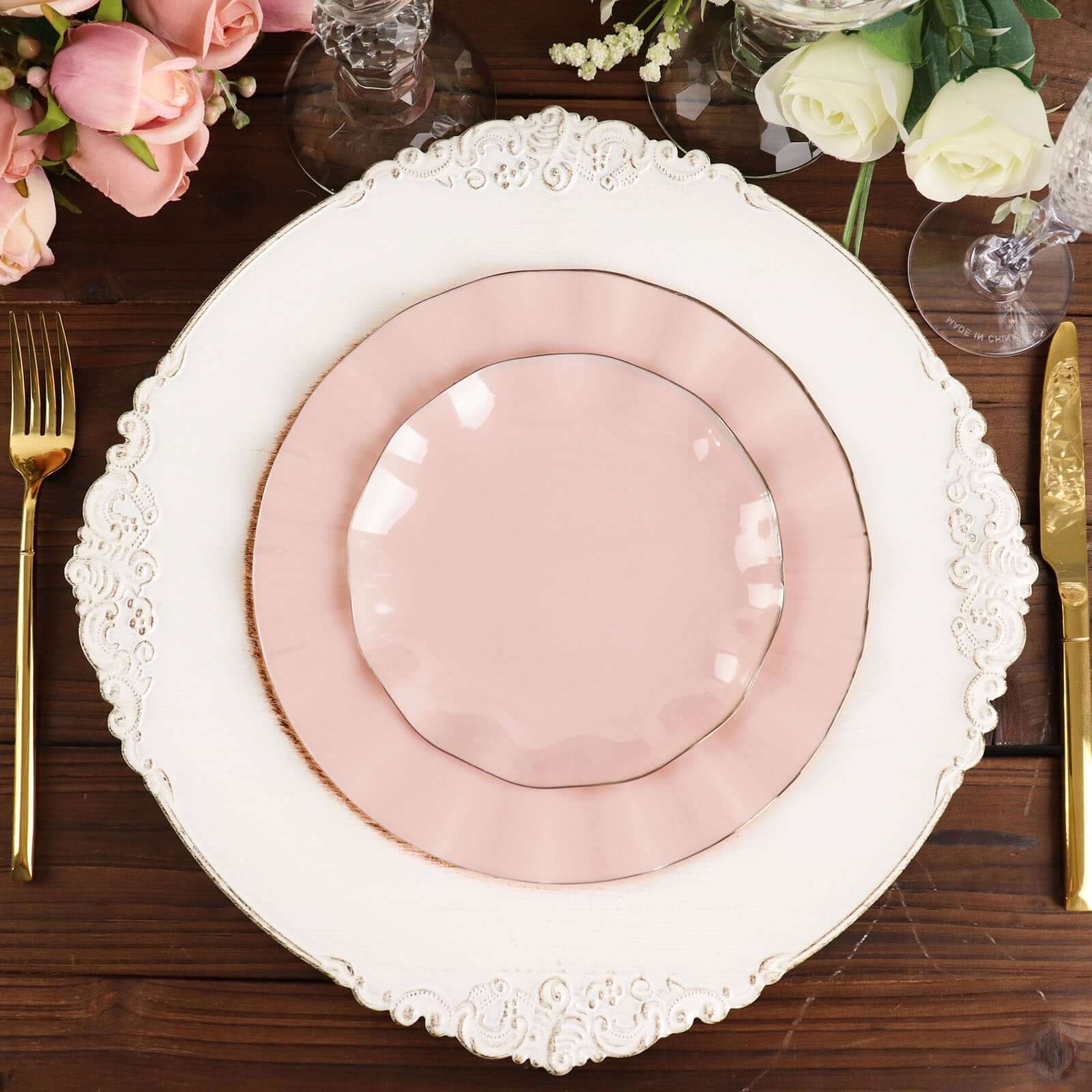 10-Pack Plastic Round Dessert Plates 6" Blush Ruffled Rim with Gold Edging - Heavy Duty Disposable Salad Appetizer Dinnerware - Image 8