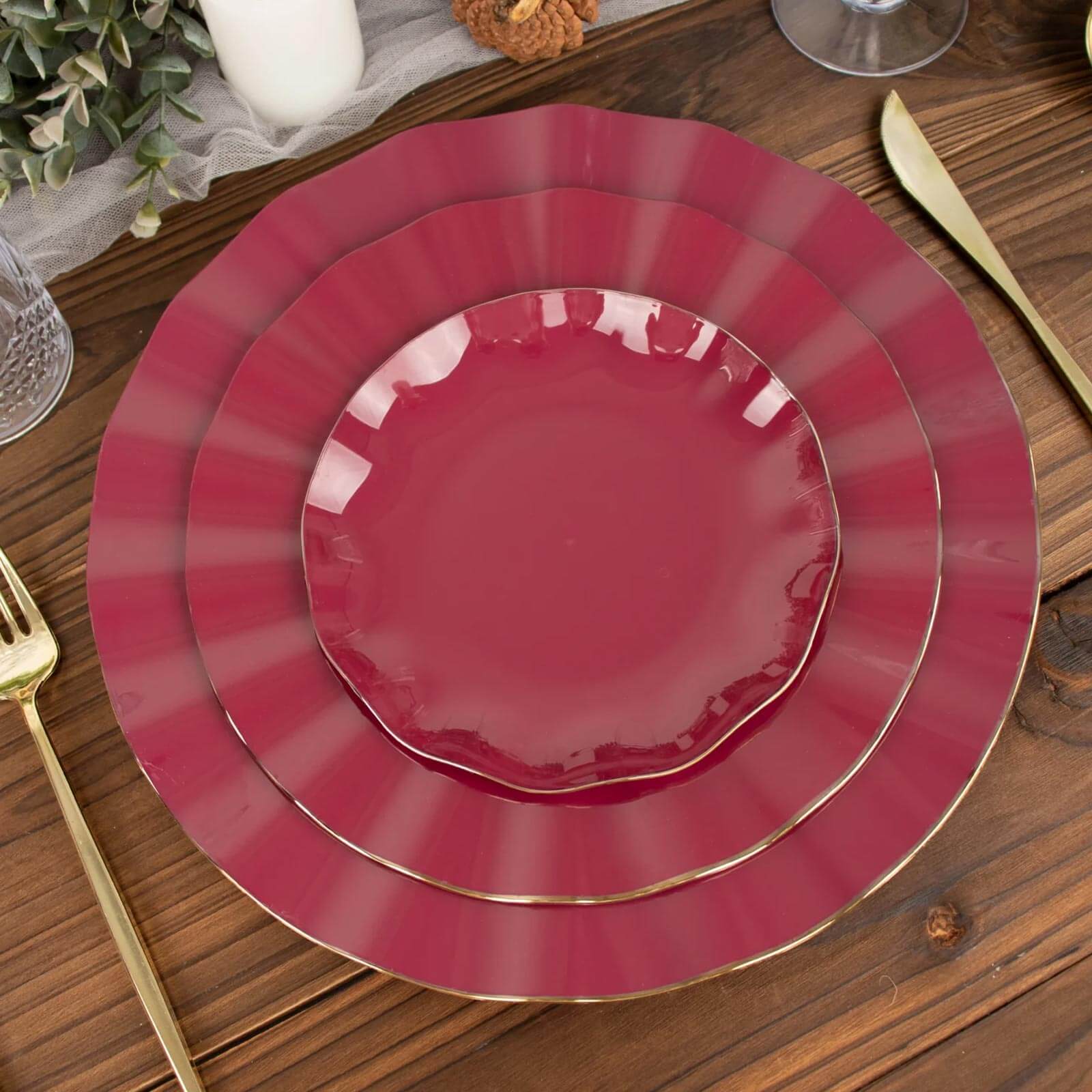 10-Pack Plastic Round Dessert Plates 6" Burgundy Ruffled Rim with Gold Edging - Heavy Duty Disposable Salad Appetizer Dinnerware - Image 6