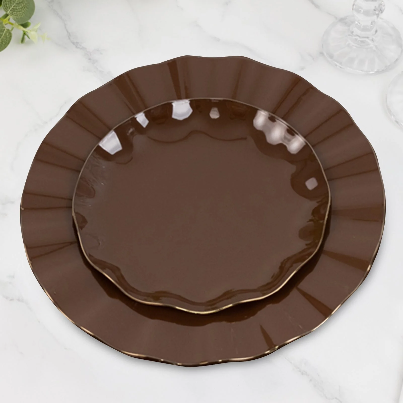 10-Pack Plastic Round Dessert Plates 6" Cinnamon Brown Ruffled Rim with Gold Edging - Heavy Duty Disposable Salad Appetizer Dinnerware - Image 5