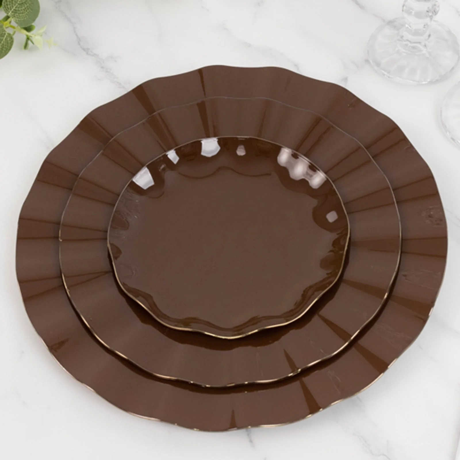 10-Pack Plastic Round Dessert Plates 6" Cinnamon Brown Ruffled Rim with Gold Edging - Heavy Duty Disposable Salad Appetizer Dinnerware - Image 8
