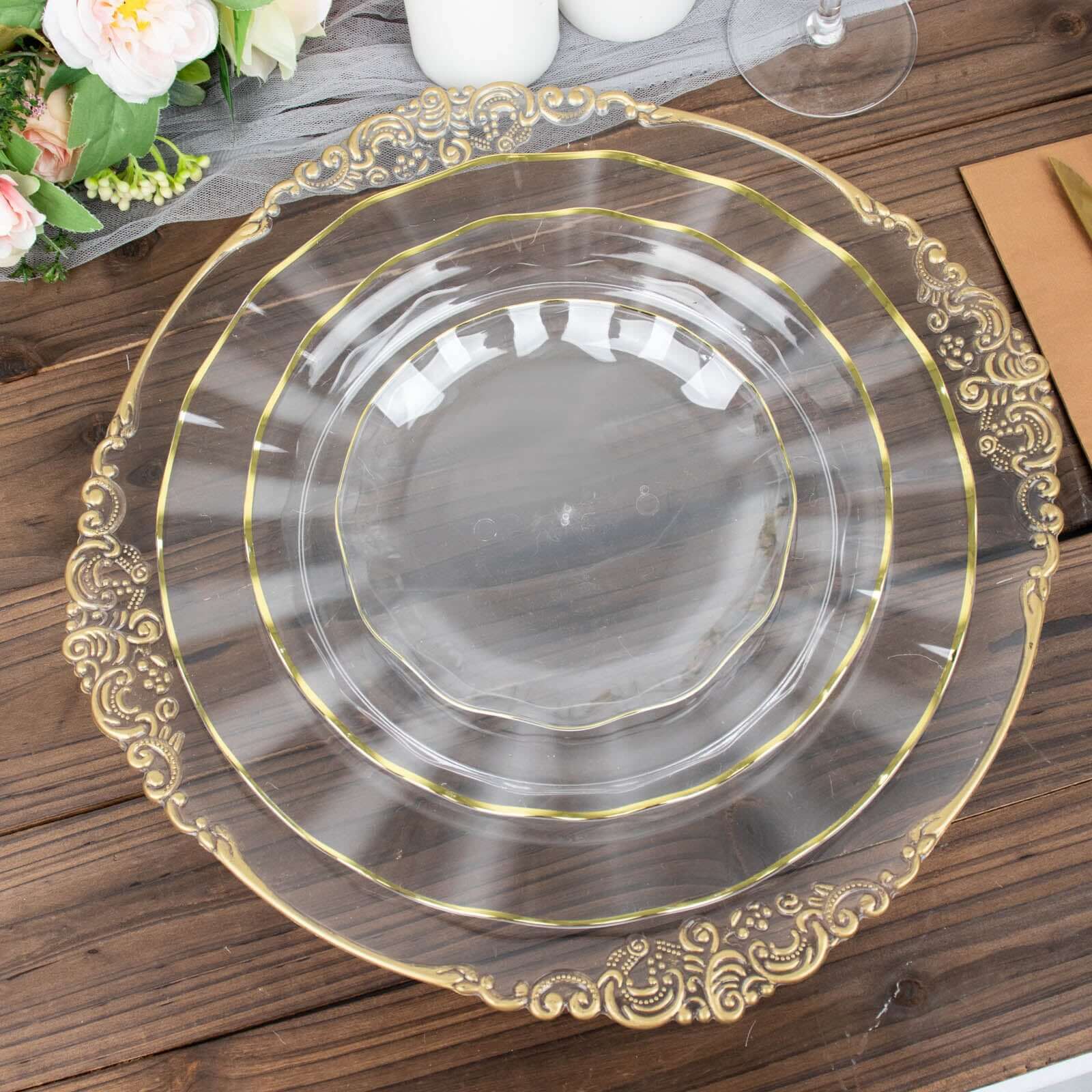 10-Pack Plastic Round Dessert Plates 6" Clear Ruffled Rim with Gold Edging - Heavy Duty Disposable Salad Appetizer Dinnerware - Image 2