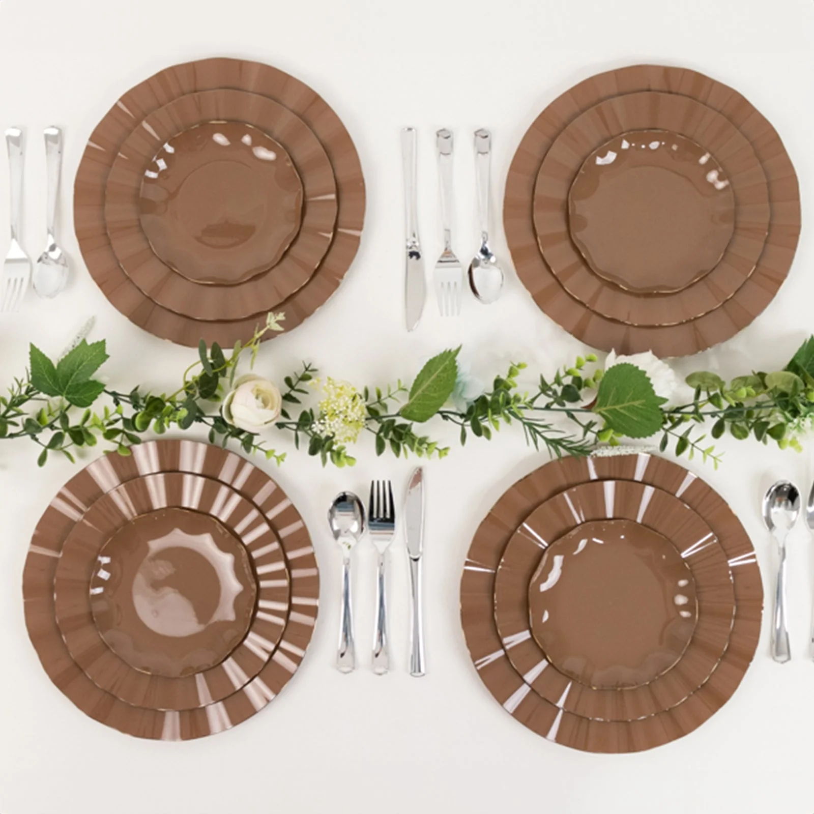 10-Pack Plastic Round Dessert Plates 6" Coffee Brown Ruffled Rim with Gold Edging - Heavy Duty Disposable Salad Appetizer Dinnerware - Image 2
