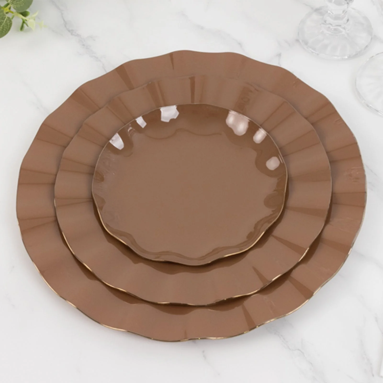 10-Pack Plastic Round Dessert Plates 6" Coffee Brown Ruffled Rim with Gold Edging - Heavy Duty Disposable Salad Appetizer Dinnerware - Image 8