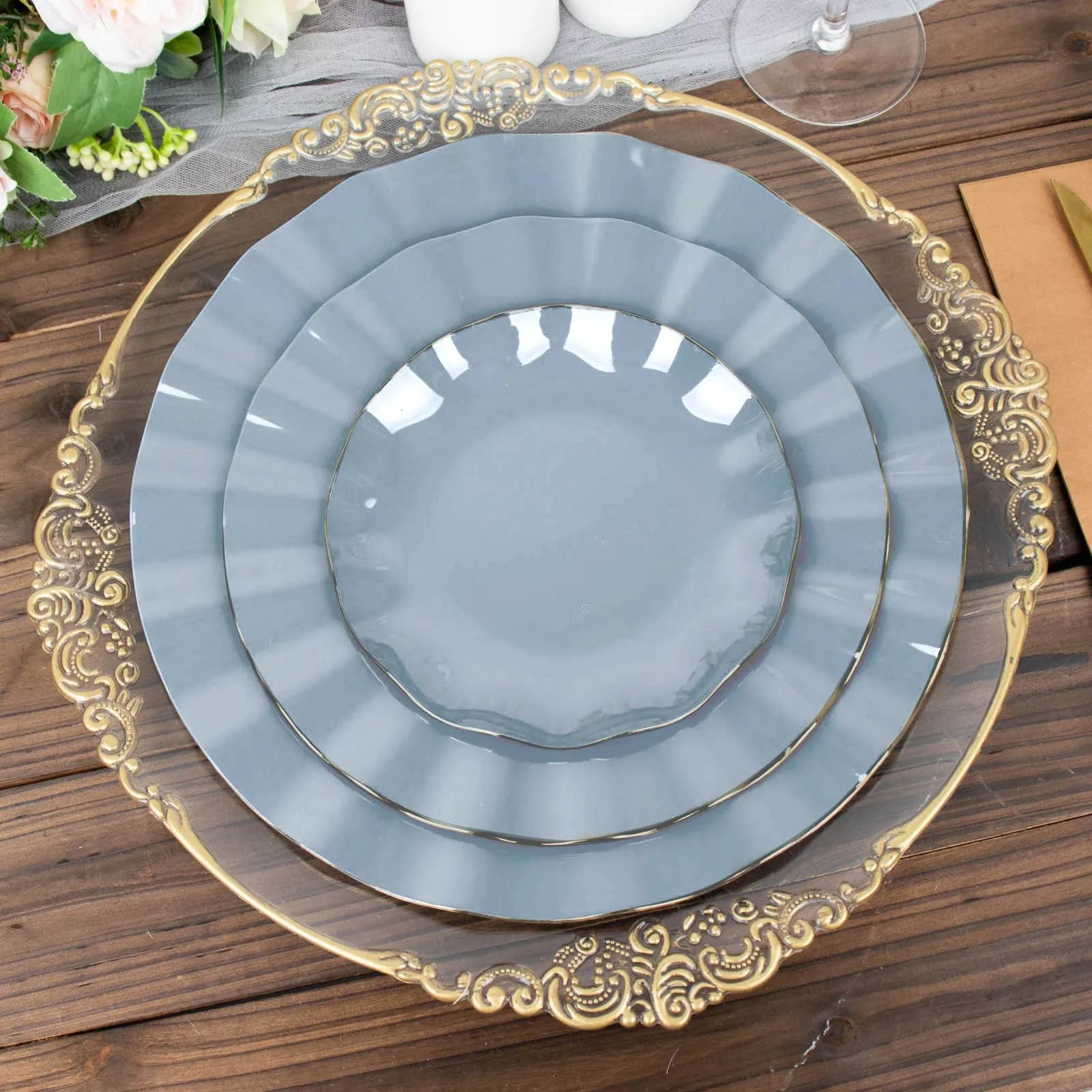 10-Pack Plastic Round Dessert Plates 6" Dusty Blue Ruffled Rim with Gold Edging - Heavy Duty Disposable Salad Appetizer Dinnerware - Image 2