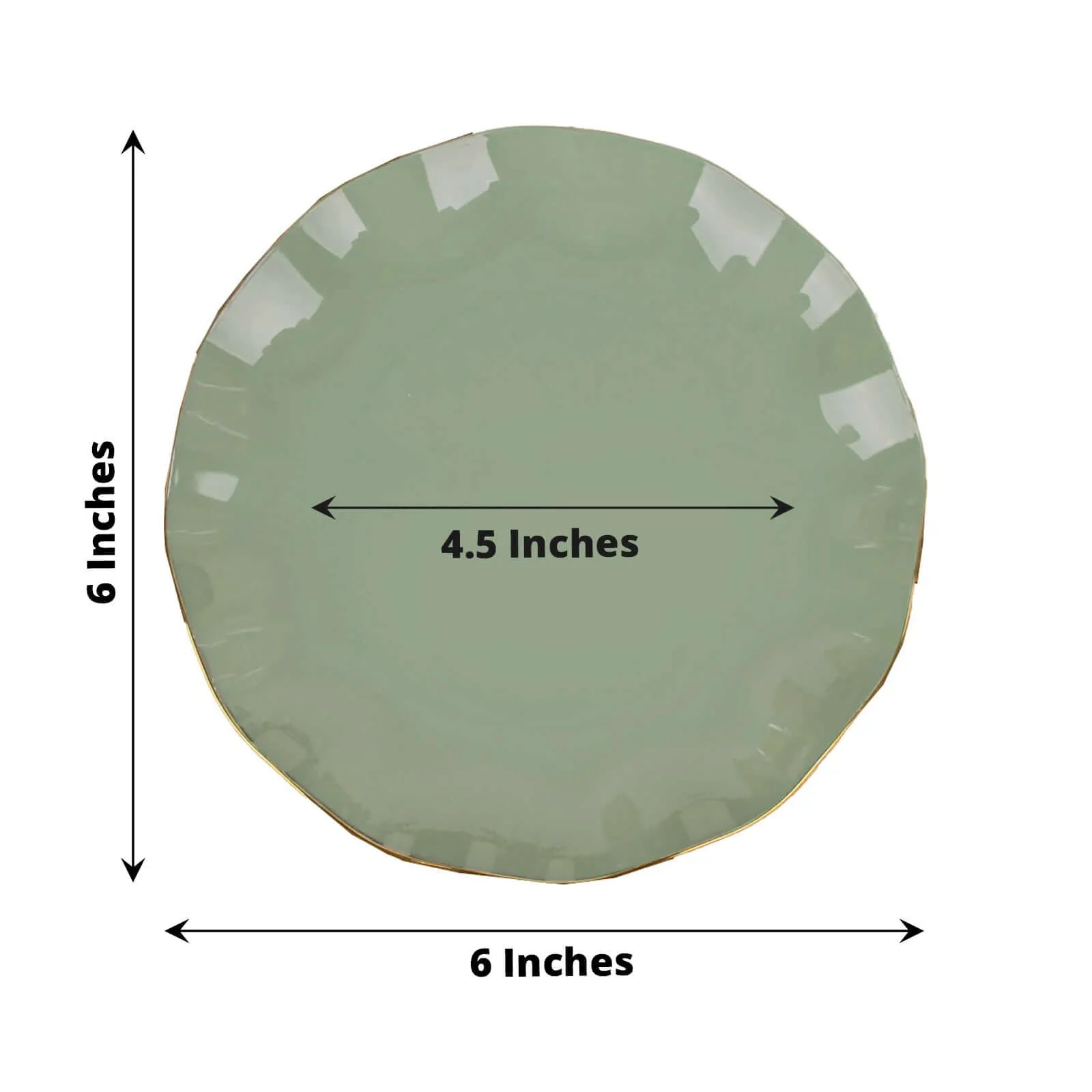 10-Pack Plastic Round Dessert Plates 6" Dusty Sage Green Ruffled Rim with Gold Edging - Heavy Duty Disposable Salad Appetizer Dinnerware - Image 3