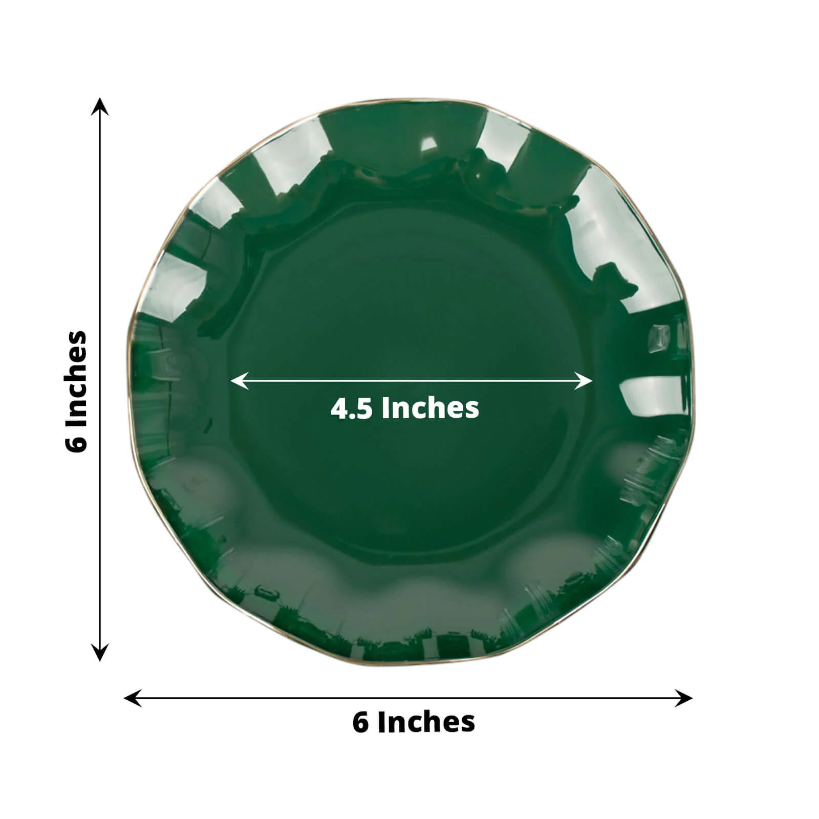 10-Pack Plastic Round Dessert Plates 6" Hunter Emerald Green Ruffled Rim with Gold Edging - Heavy Duty Disposable Salad Appetizer Dinnerware - Image 3