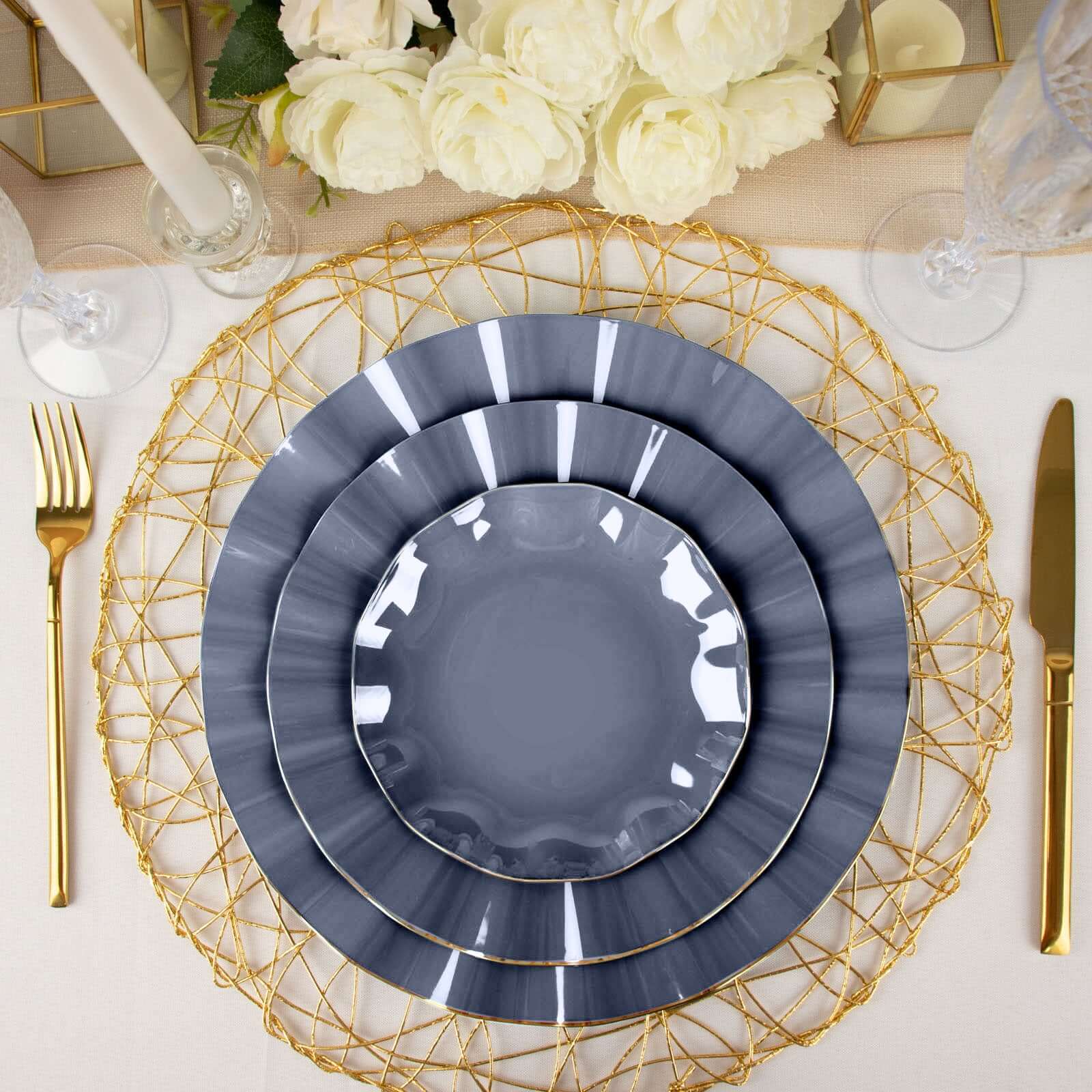 10-Pack Plastic Round Dessert Plates 6" Navy Blue Ruffled Rim with Gold Edging - Heavy Duty Disposable Salad Appetizer Dinnerware - Image 2