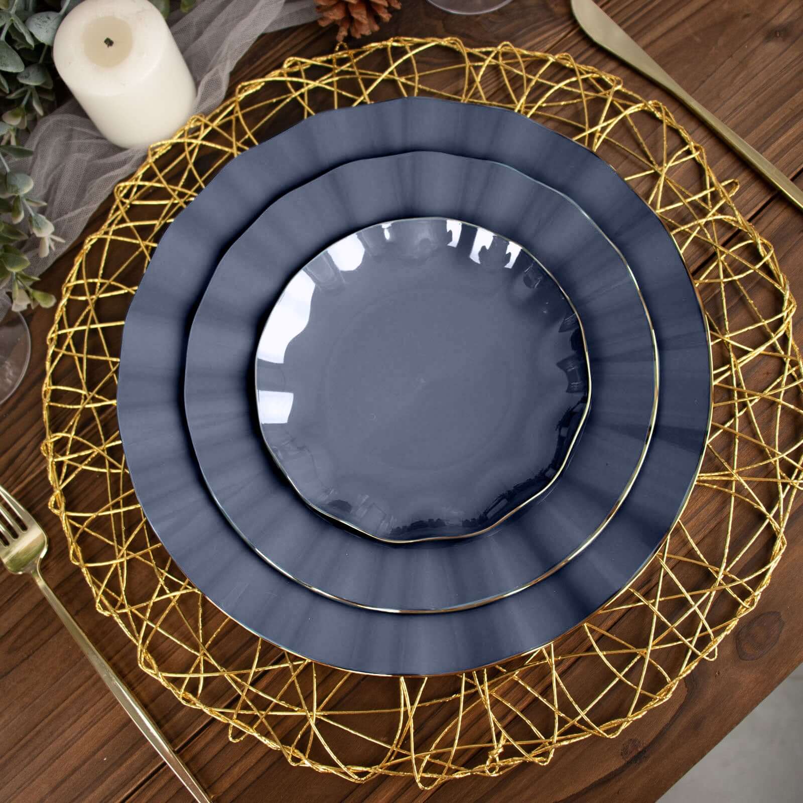 10-Pack Plastic Round Dessert Plates 6" Navy Blue Ruffled Rim with Gold Edging - Heavy Duty Disposable Salad Appetizer Dinnerware - Image 7