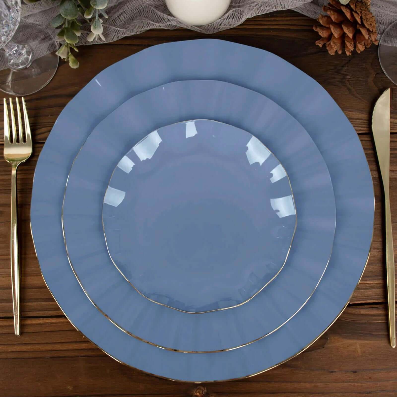 10-Pack Plastic Round Dessert Plates 6" Ocean Blue Ruffled Rim with Gold Edging - Heavy Duty Disposable Salad Appetizer Dinnerware