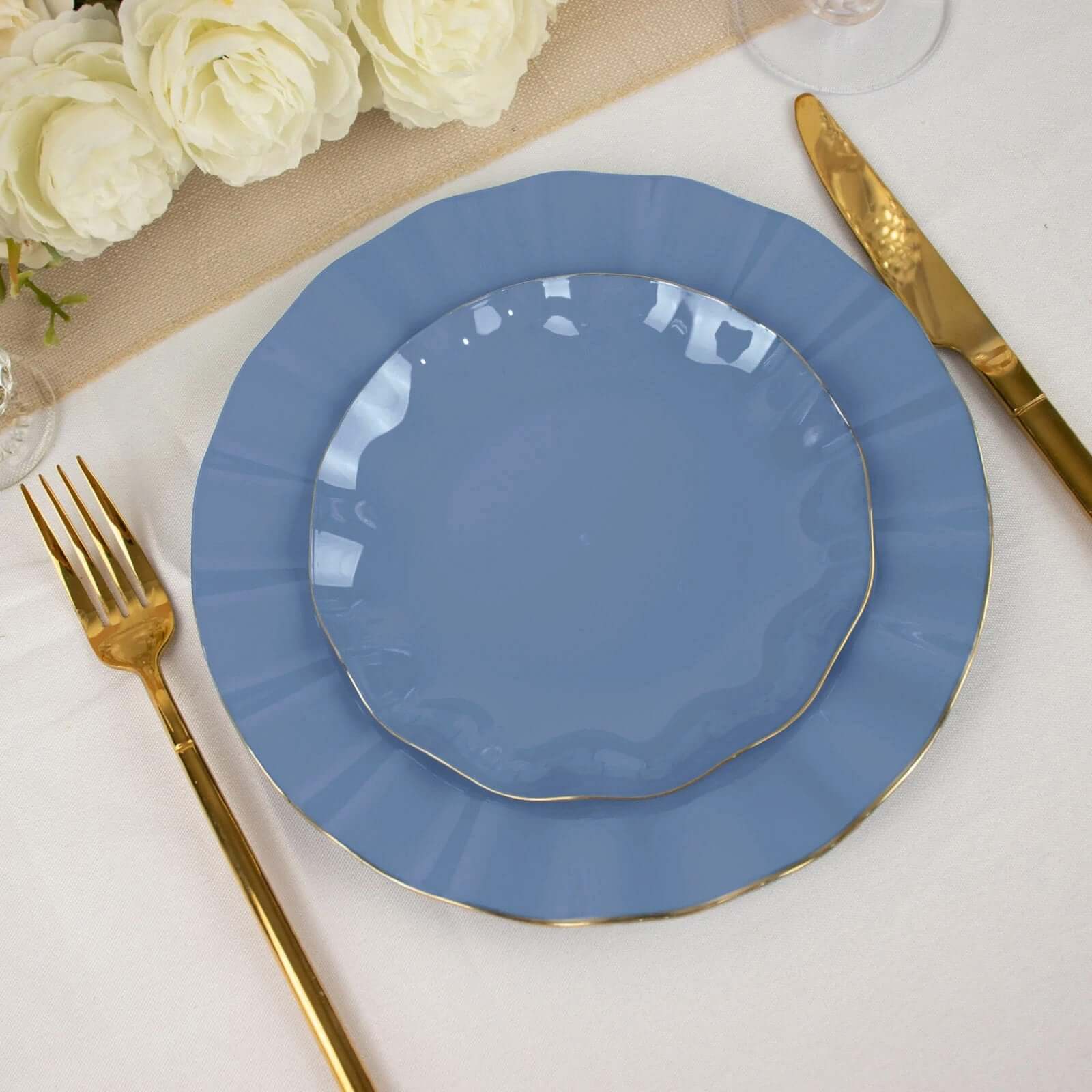 10-Pack Plastic Round Dessert Plates 6" Ocean Blue Ruffled Rim with Gold Edging - Heavy Duty Disposable Salad Appetizer Dinnerware - Image 6