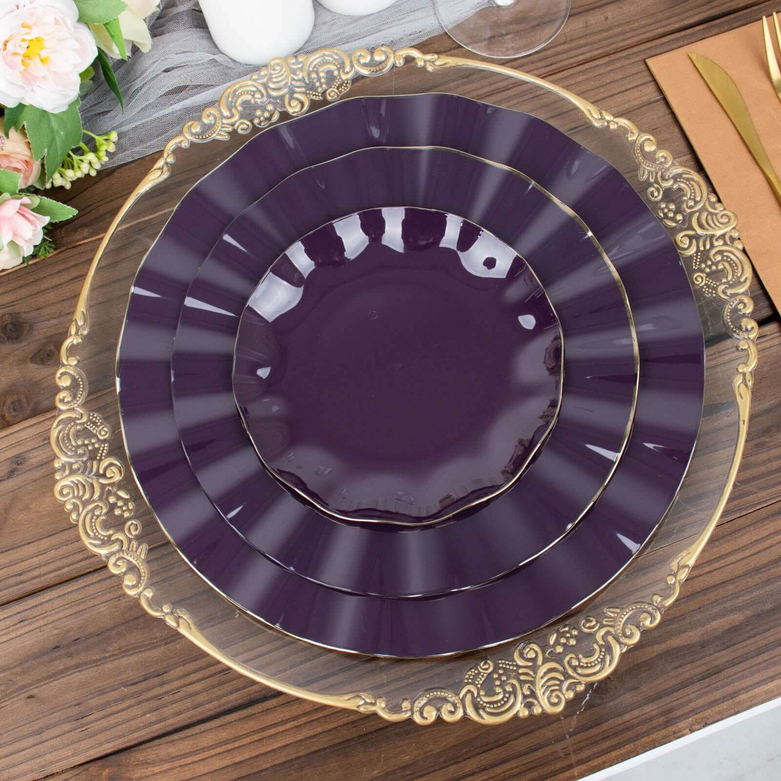 10-Pack Plastic Round Dessert Plates 6" Purple Ruffled Rim with Gold Edging - Heavy Duty Disposable Salad Appetizer Dinnerware - Image 2