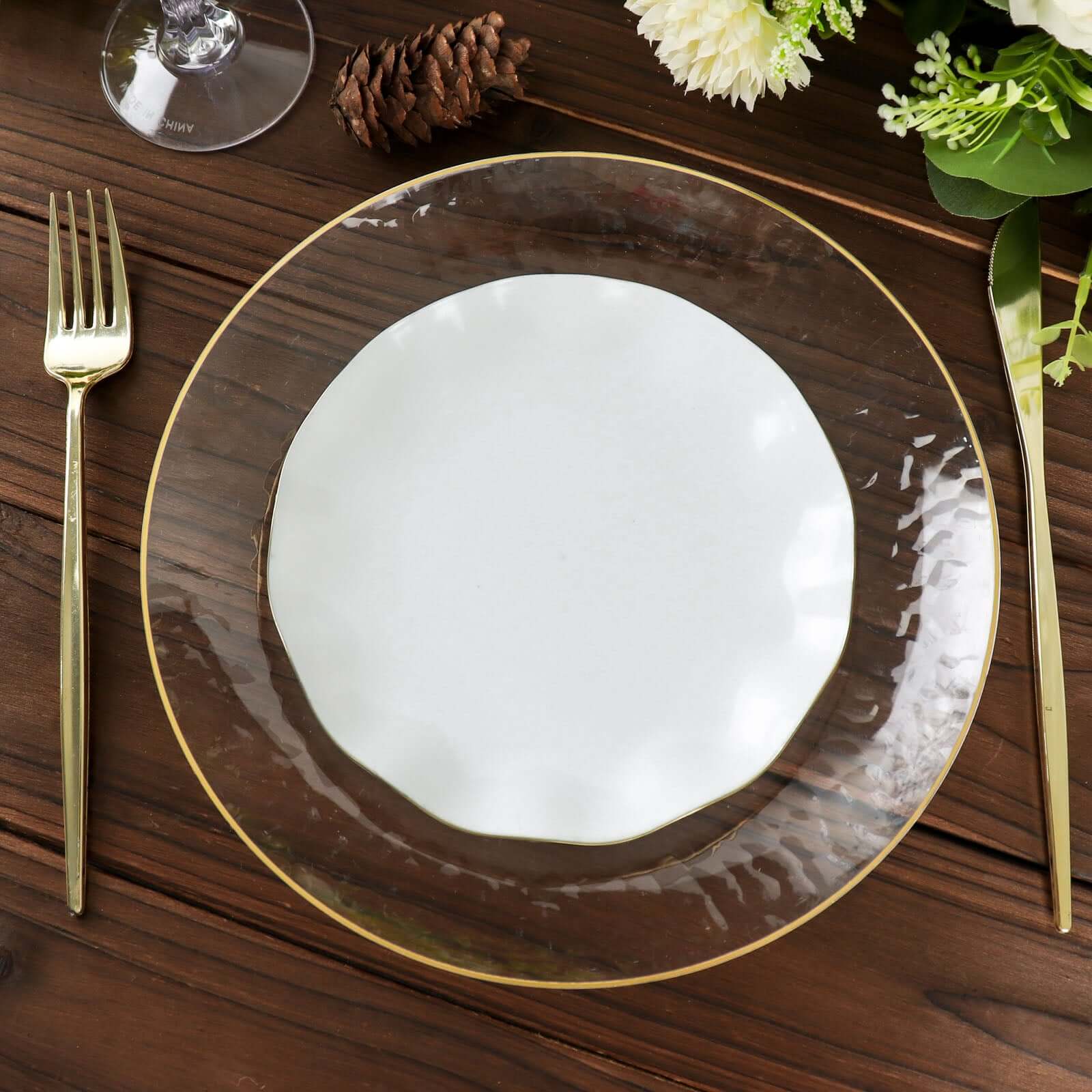 10-Pack Plastic Round Dessert Plates 6" White Ruffled Rim with Gold Edging - Heavy Duty Disposable Salad Appetizer Dinnerware - Image 2