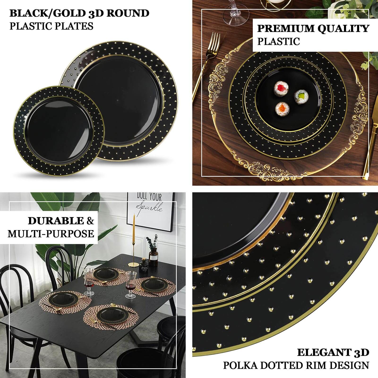 10-Pack Plastic Round Dessert Plates 7.5" Black with Gold 3D Polka Dotted Rim - Durable Disposable Appetizer Salad Plates for Sophisticated Events & Celebrations - Image 4