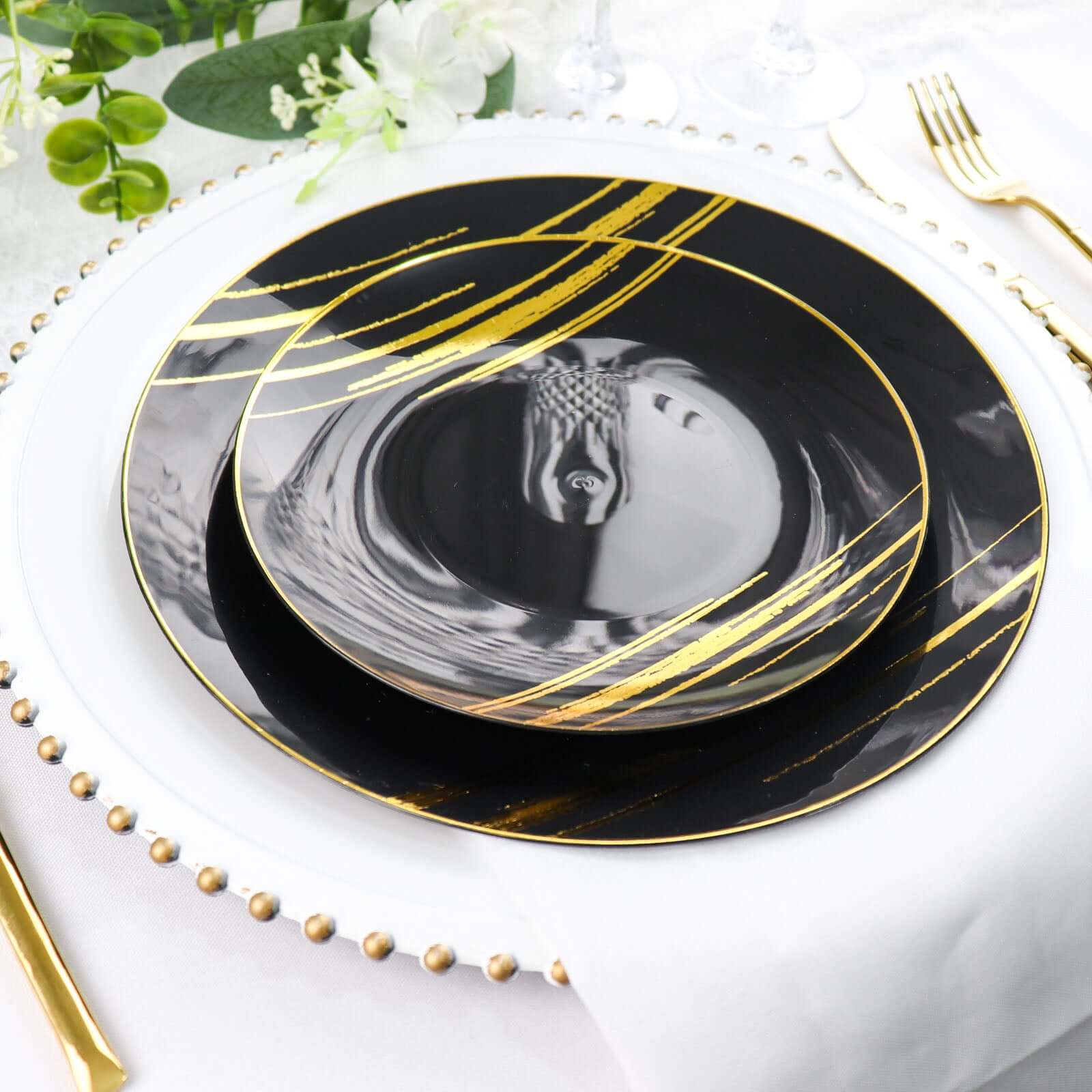 10-Pack Plastic Round Dessert Plates 7" Black with Gold Brush Stroked Print - Modern Disposable Appetizer Salad Plates - Image 2