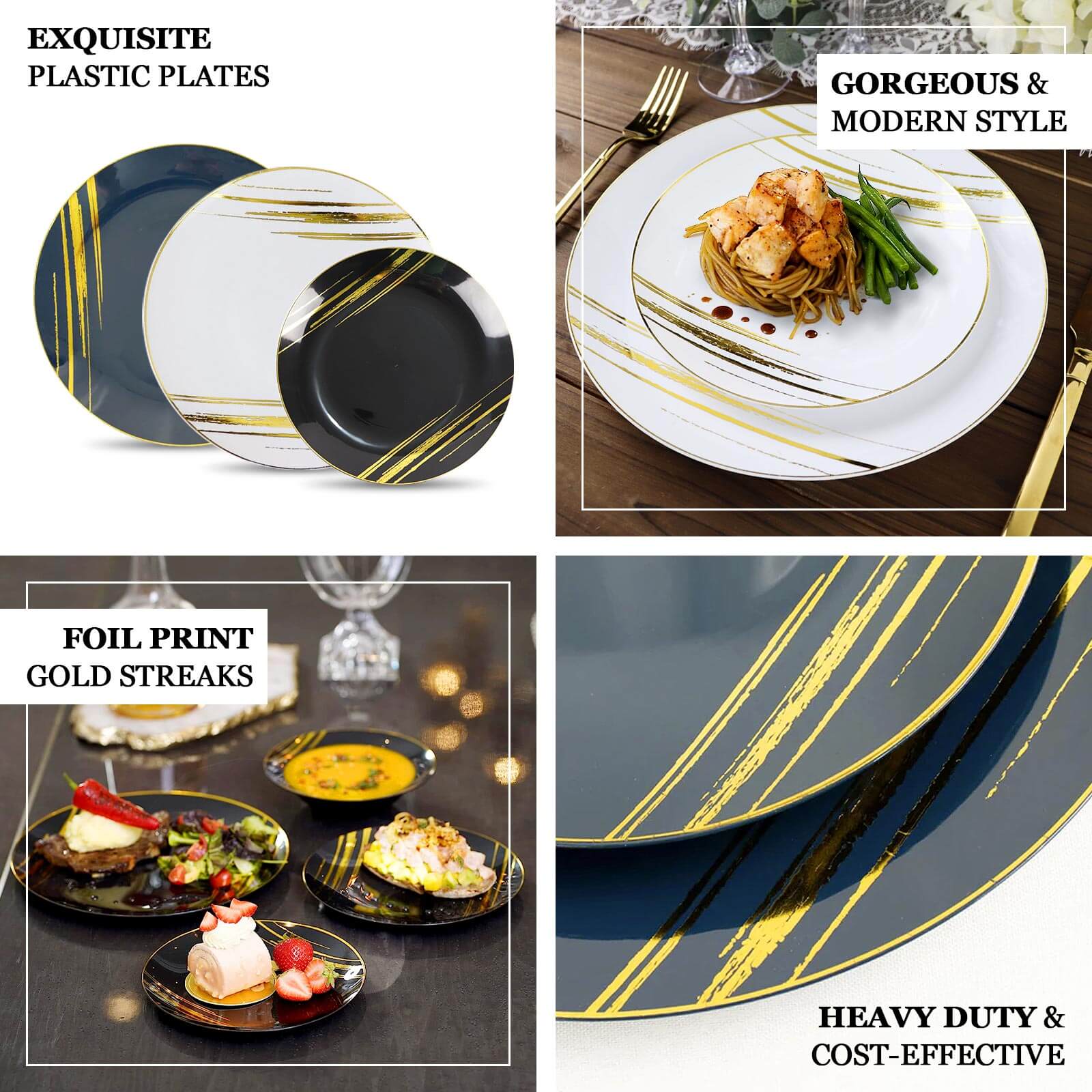 10-Pack Plastic Round Dessert Plates 7" Black with Gold Brush Stroked Print - Modern Disposable Appetizer Salad Plates - Image 4