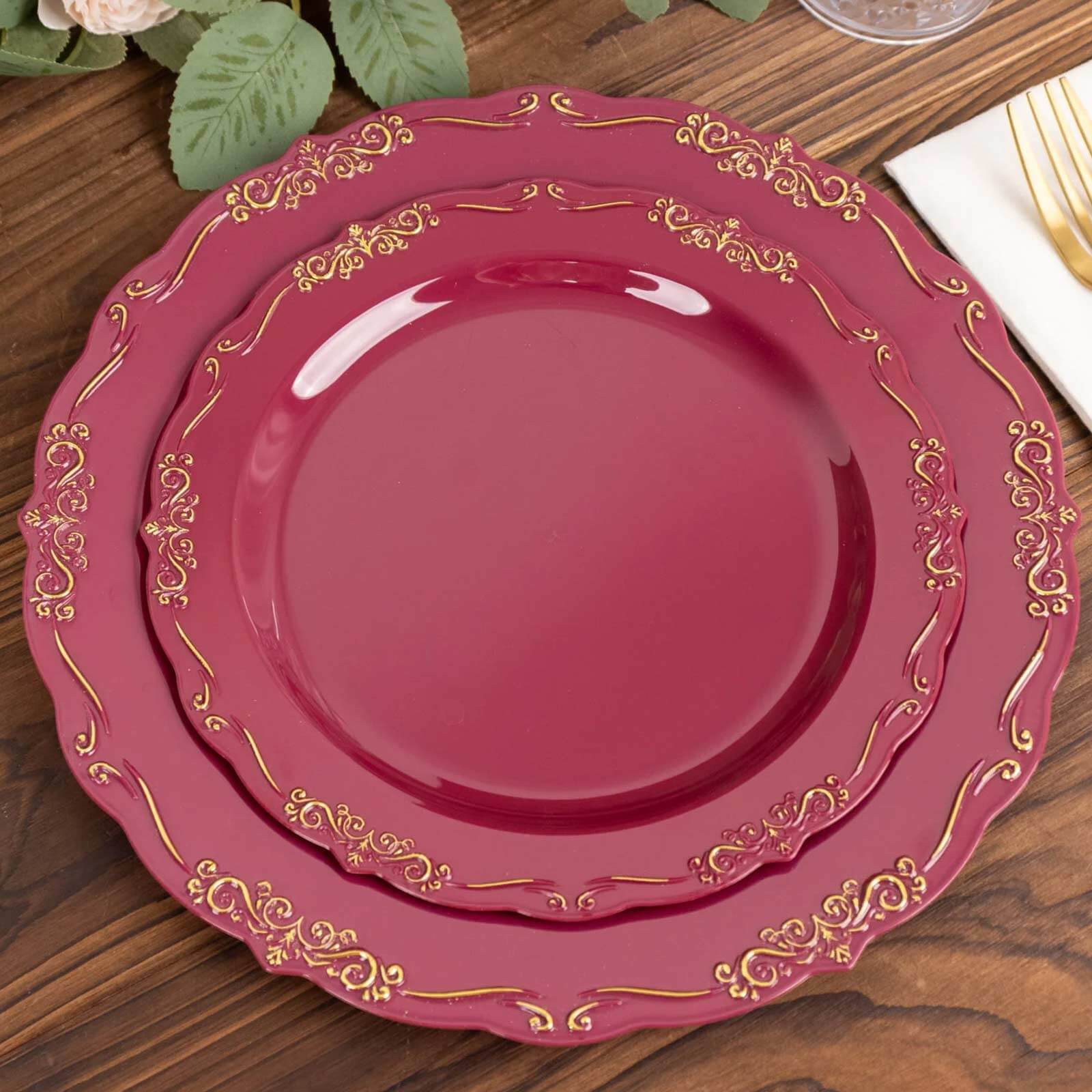 10-Pack Plastic Round Dessert Plates 7" Burgundy with Gold Vintage Embossed Rim & Scalloped Edges - Sturdy Disposable Salad Plates