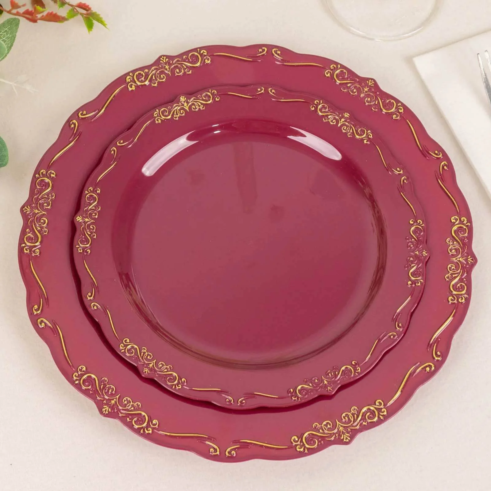10-Pack Plastic Round Dessert Plates 7" Burgundy with Gold Vintage Embossed Rim & Scalloped Edges - Sturdy Disposable Salad Plates - Image 6