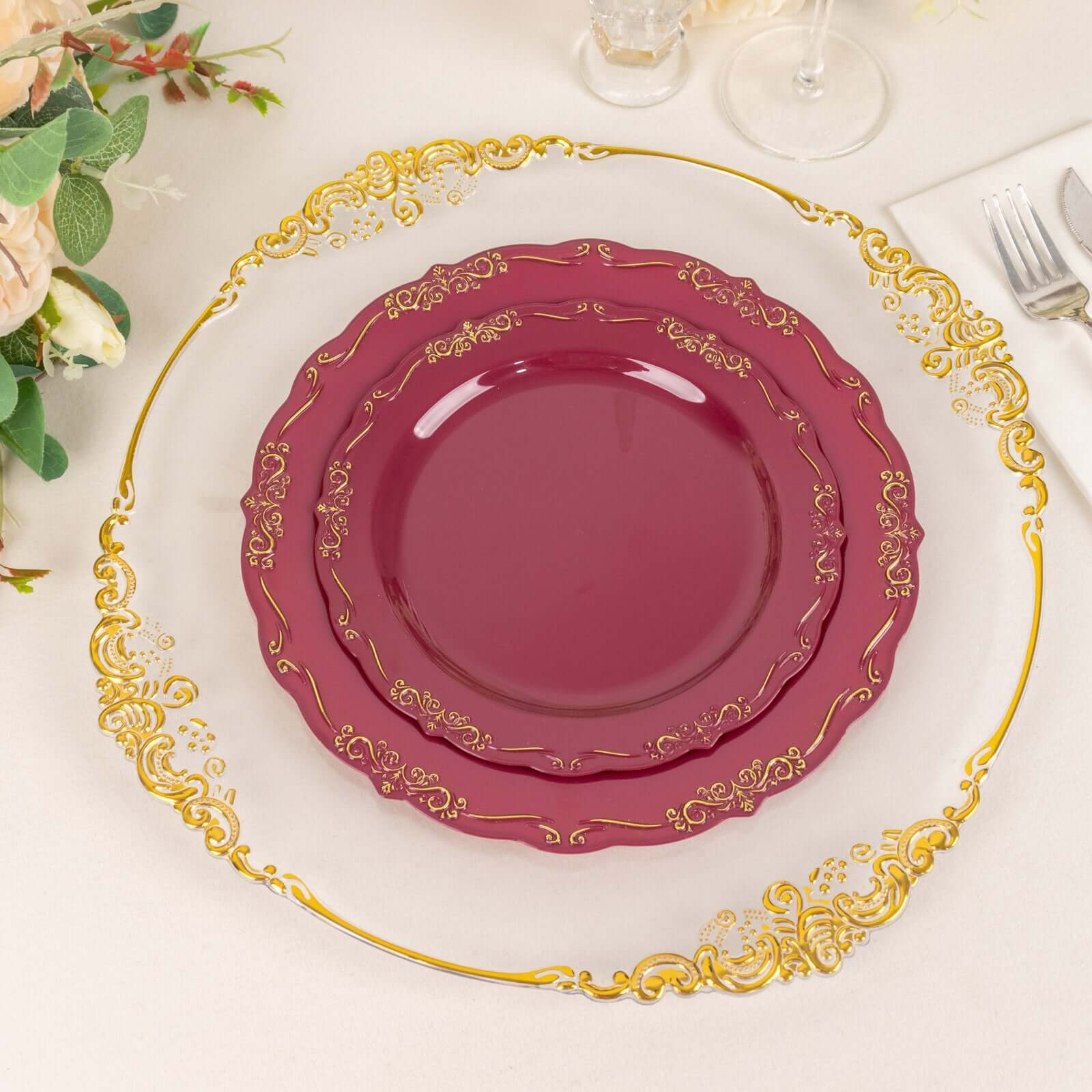 10-Pack Plastic Round Dessert Plates 7" Burgundy with Gold Vintage Embossed Rim & Scalloped Edges - Sturdy Disposable Salad Plates - Image 8