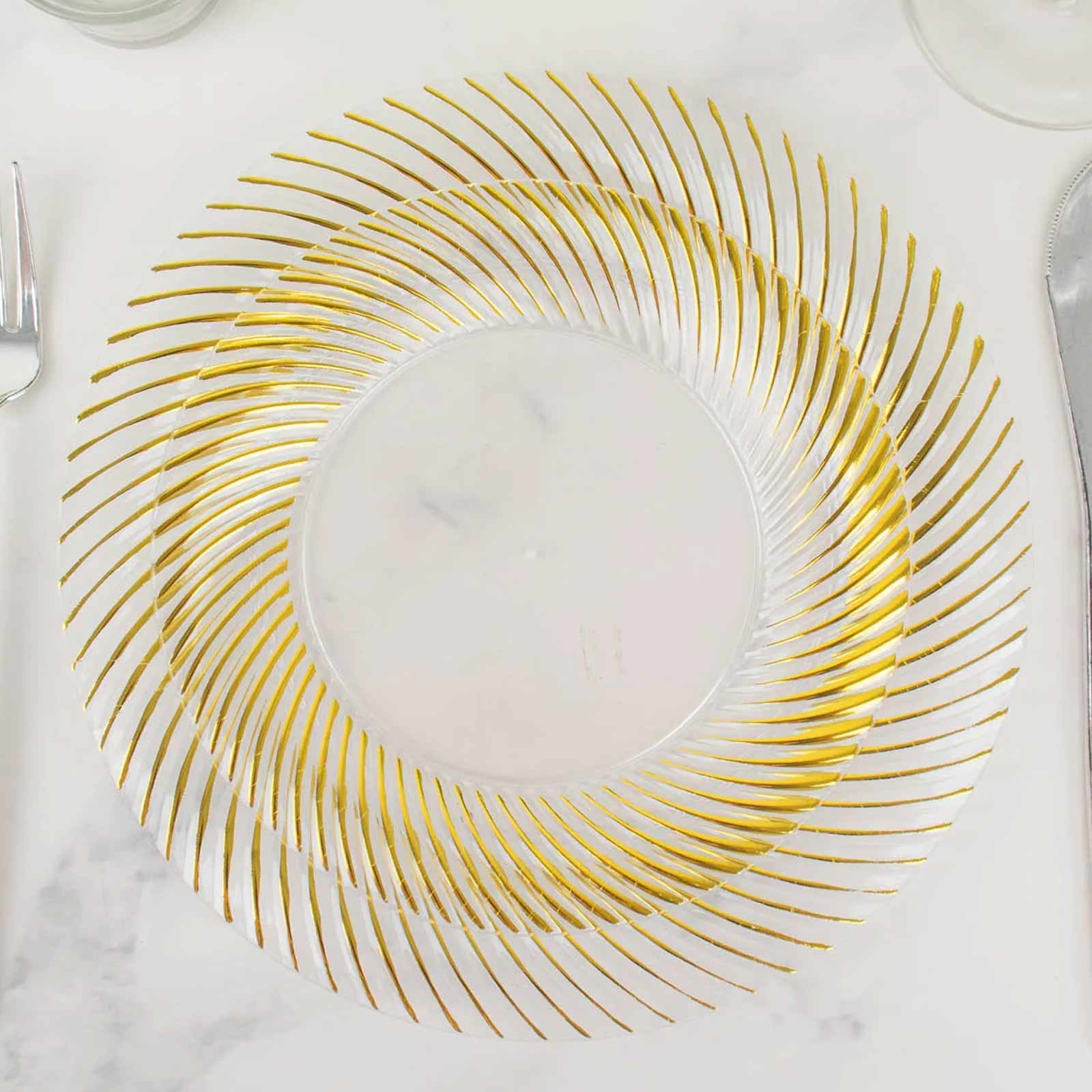 10-Pack Plastic Round Dessert Plates 7" Clear with Gold Swirl Rim - Disposable Salad Plates