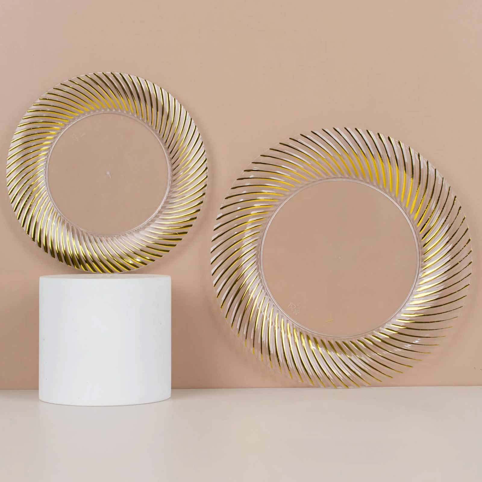 10-Pack Plastic Round Dessert Plates 7" Clear with Gold Swirl Rim - Disposable Salad Plates - Image 6